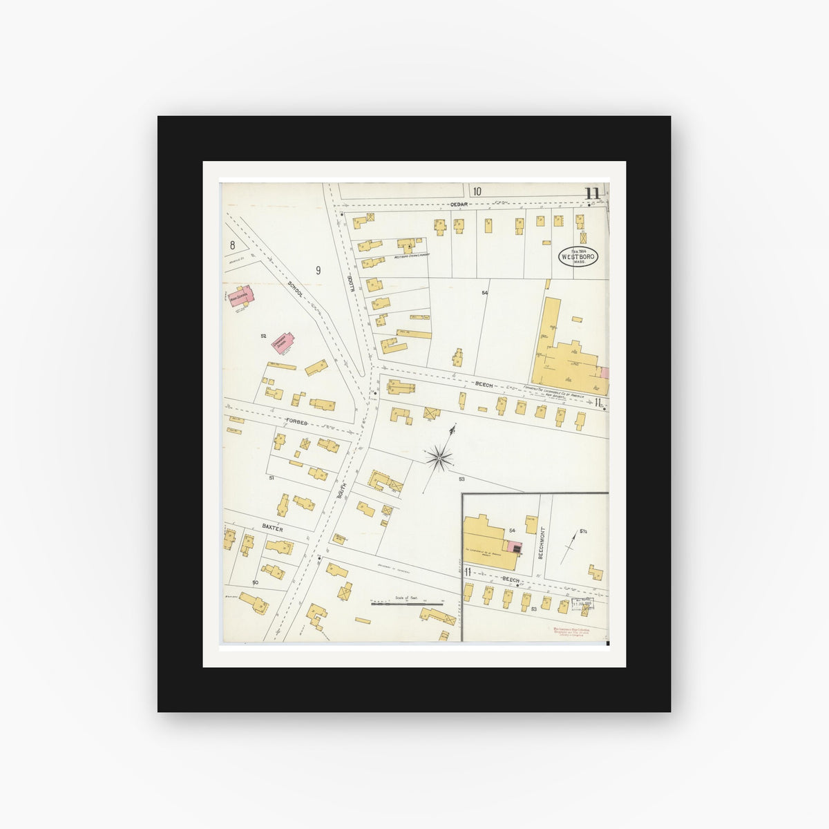 Old map wall art mockup — black gallery frame with white mat — Sanborn Fire Insurance Map from Westboro, Worcester County, Massachusetts (1904), Sheet #0011