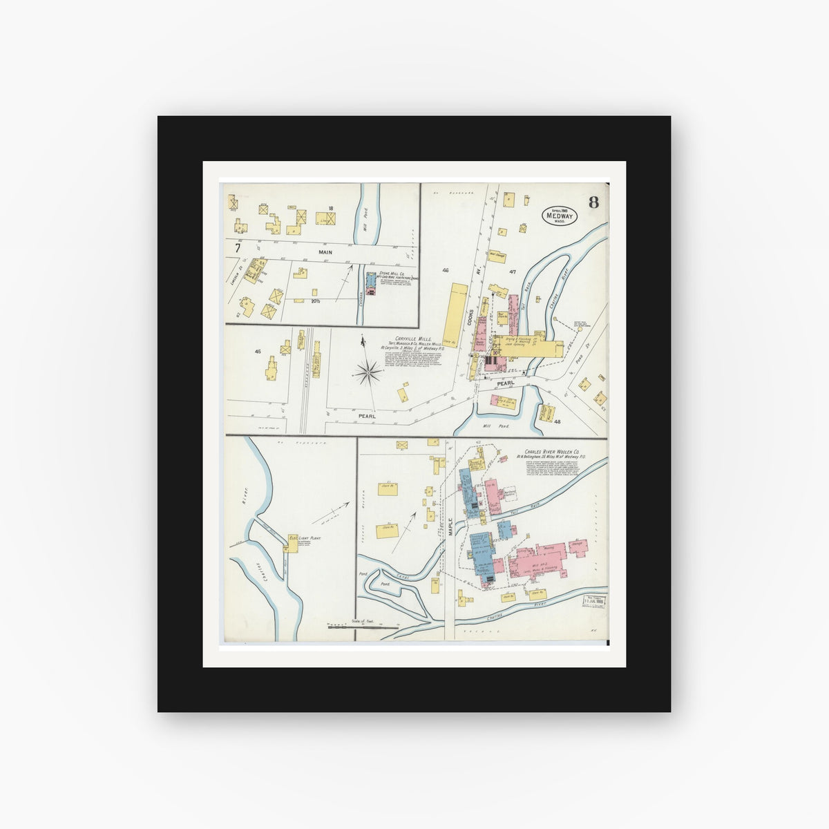 Old map wall art mockup — black gallery frame with white mat — Sanborn Fire Insurance Map from Medway, Norfolk County, Massachusetts (1903), Sheet #0008