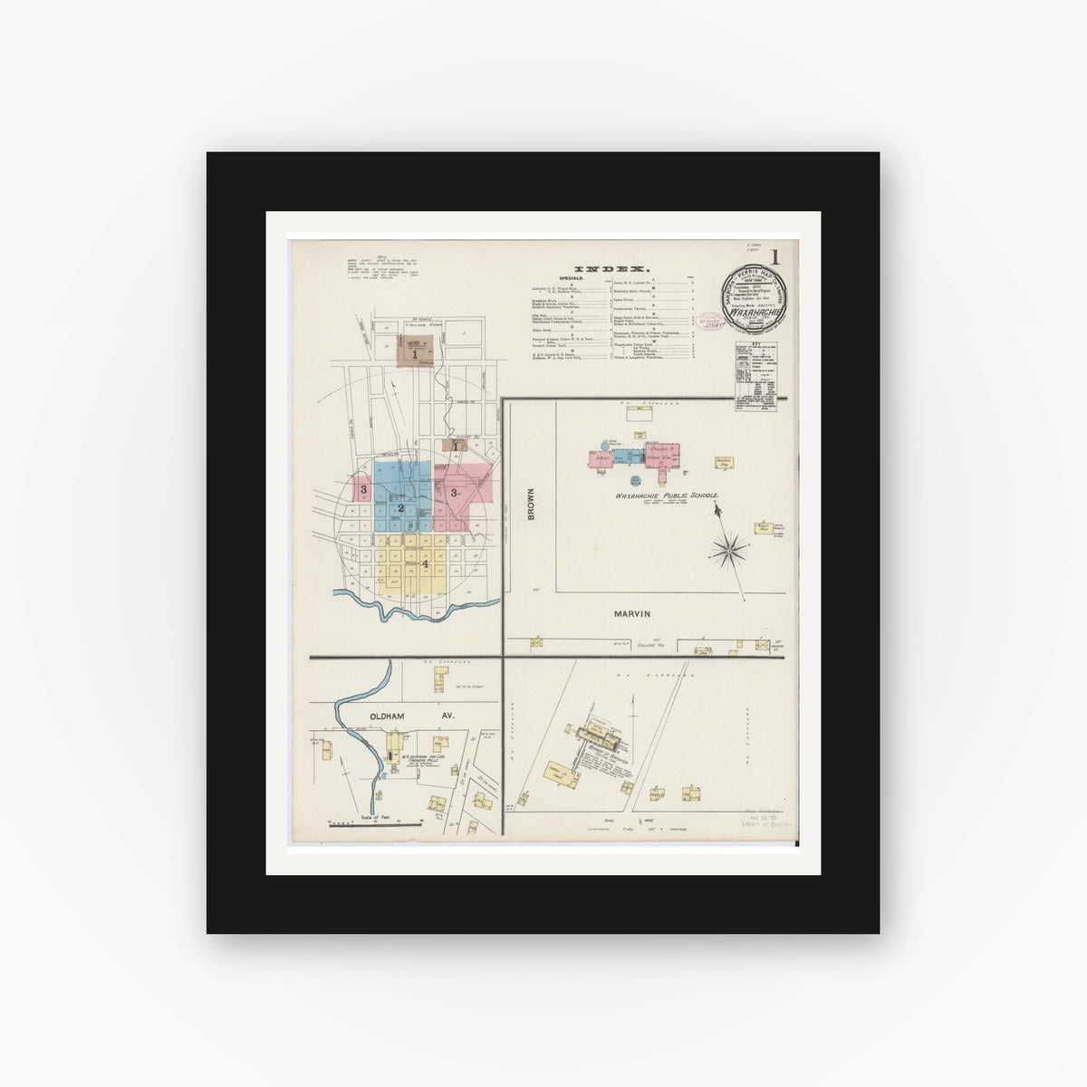 Old map wall art mockup — black gallery frame with white mat — Sanborn Fire Insurance Map from Waxahachie, Ellis County, Texas (1890), Sheet #0001
