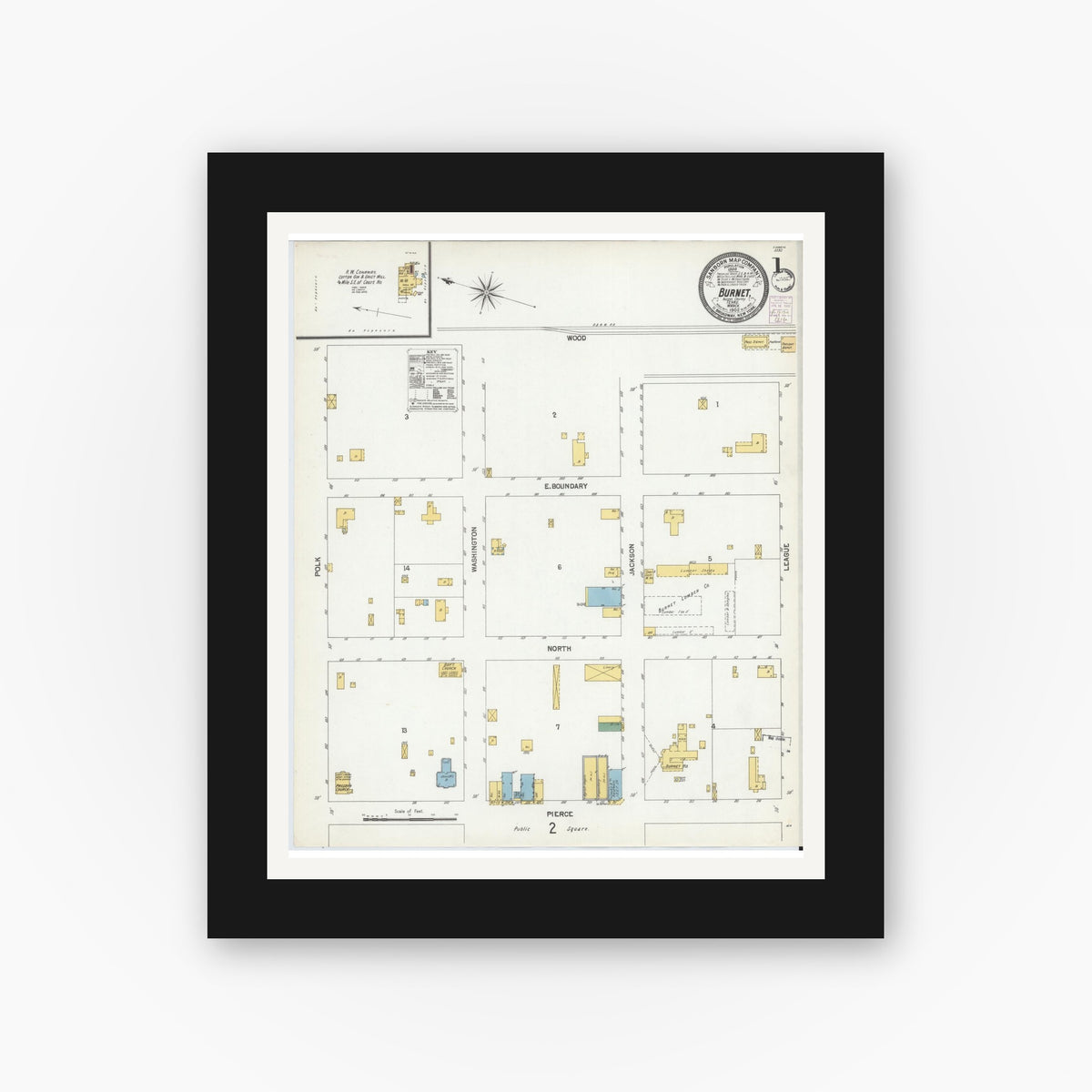 Old map wall art mockup — black gallery frame with white mat — Sanborn Fire Insurance Map from Burnet, Burnet County, Texas (1902) - Complete Map Set