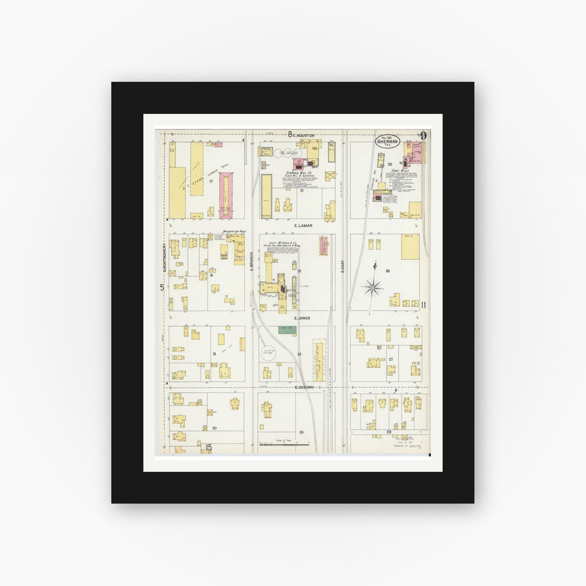 Old map wall art mockup — black gallery frame with white mat — Sanborn Fire Insurance Map from Sherman, Grayson County, Texas (1902), Sheet #0009