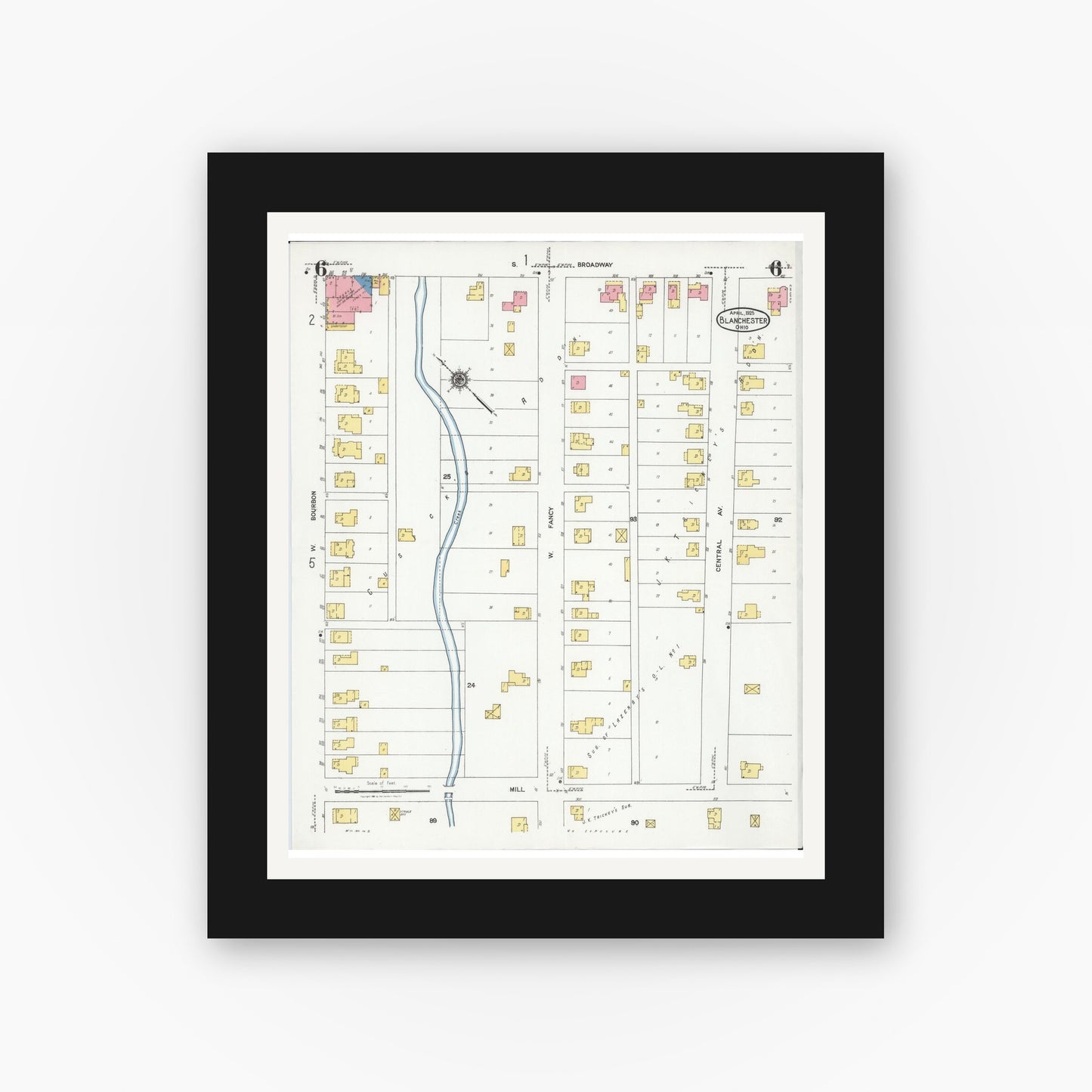 Old map wall art mockup — black gallery frame with white mat — Sanborn Fire Insurance Map from Blanchester, Clinton County, Ohio (1925), Sheet #0006