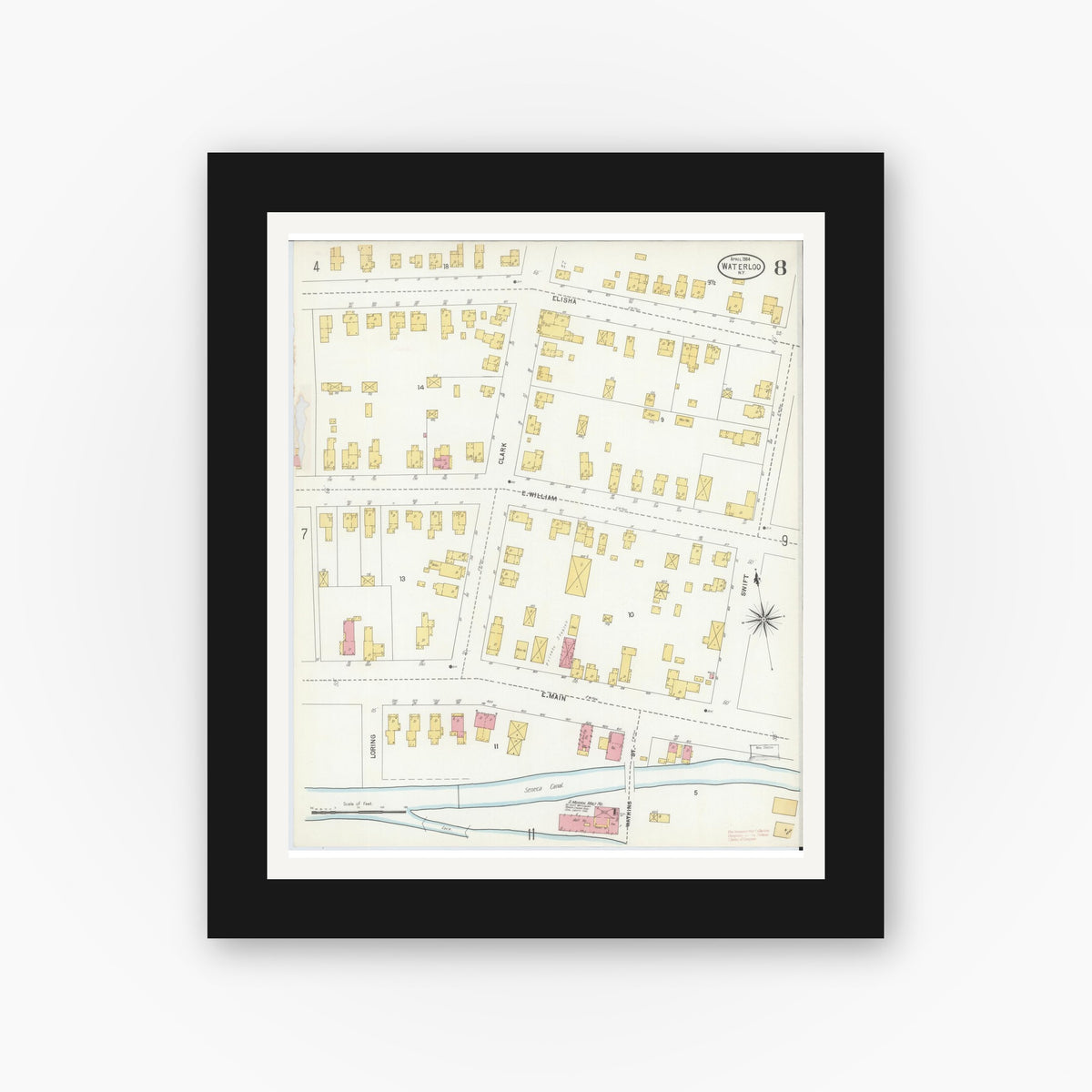 Old map wall art mockup — black gallery frame with white mat — Sanborn Fire Insurance Map from Waterloo, Seneca County, New York (1904), Sheet #0008