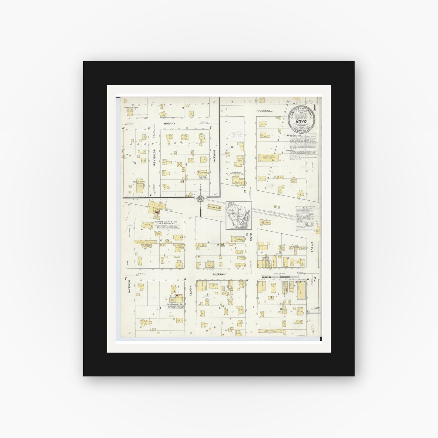 Old map wall art mockup — black gallery frame with white mat — Sanborn Fire Insurance Map from Boyd, Chippewa County, Wisconsin (1912) - Complete Map Set