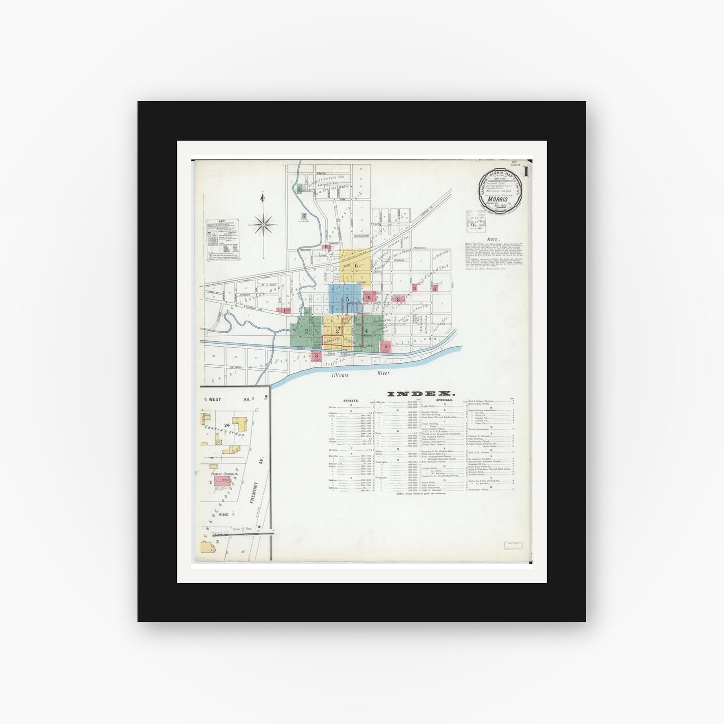 Old map wall art mockup — black gallery frame with white mat — Sanborn Fire Insurance Map from Morris, Grundy County, Illinois (1900) - Complete Map Set