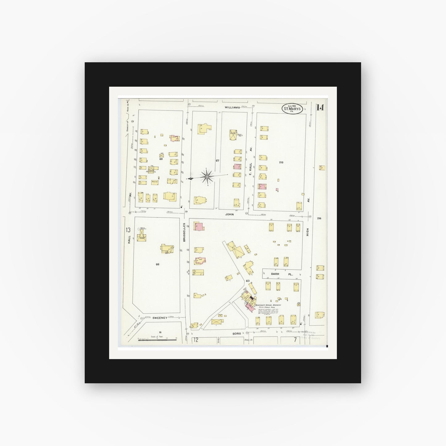 Old map wall art mockup — black gallery frame with white mat — Sanborn Fire Insurance Map from Saint Marys, Elk County, Pennsylvania (1909), Sheet #0014