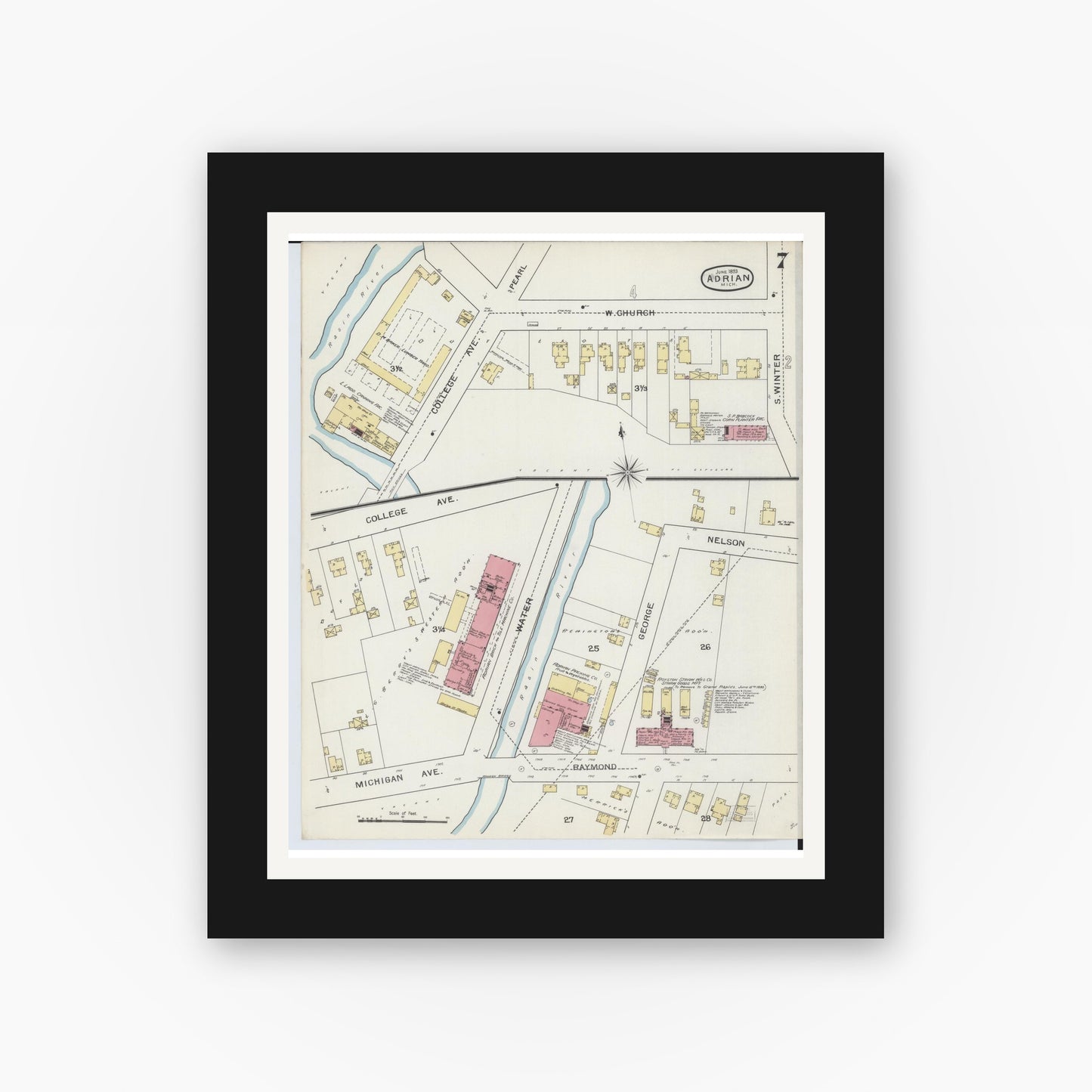 Old map wall art mockup — black gallery frame with white mat — Sanborn Fire Insurance Map from Adrian, Lenawee County, Michigan (1893), Sheet #0007