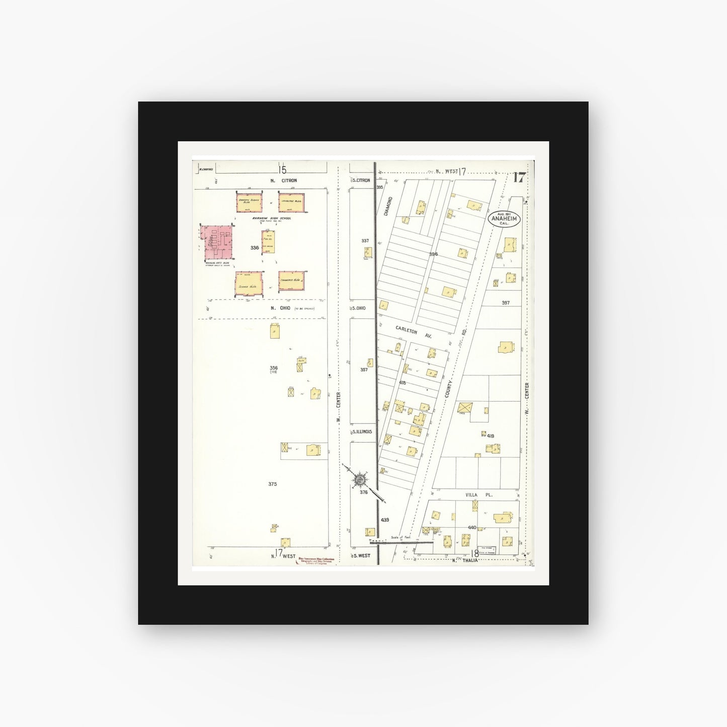 Old map wall art mockup — black gallery frame with white mat — Sanborn Fire Insurance Map from Anaheim, Orange County, California (1911), Sheet #0017