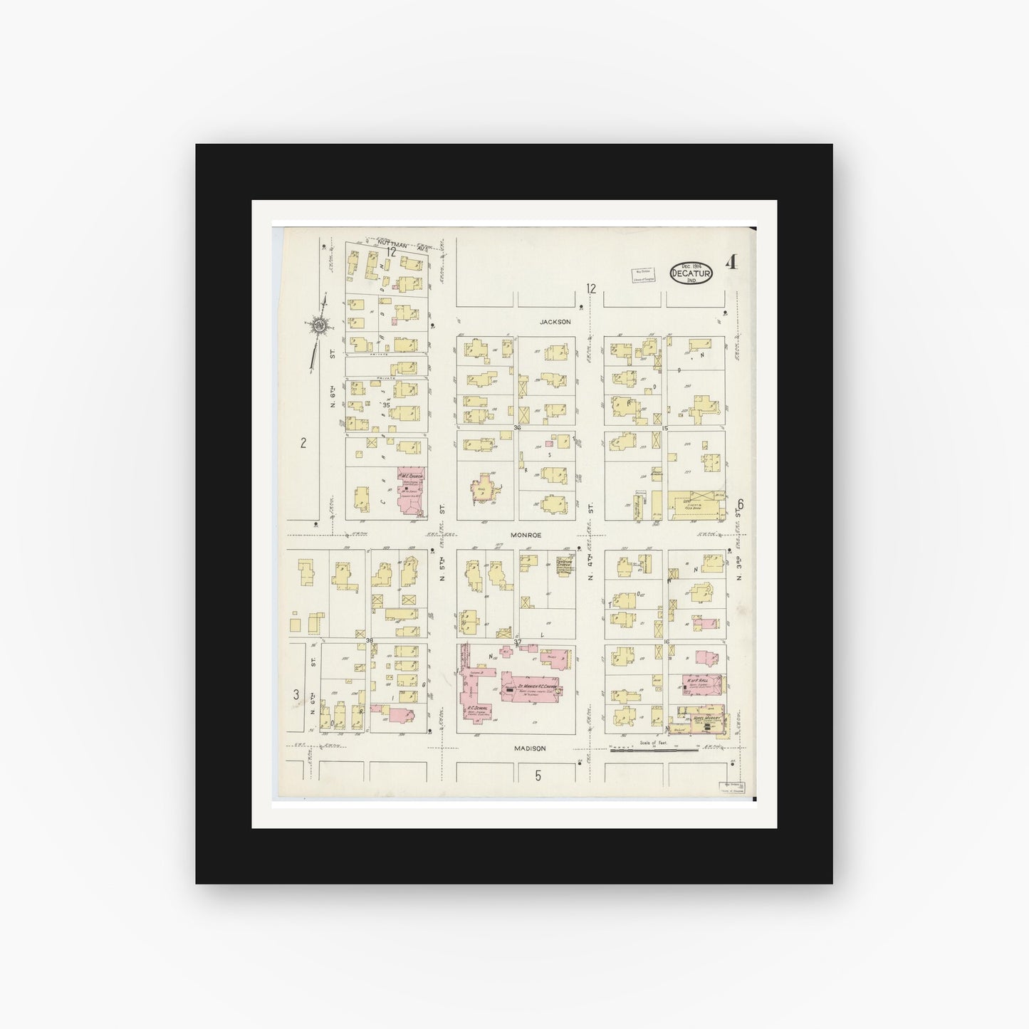 Old map wall art mockup — black gallery frame with white mat — Sanborn Fire Insurance Map from Decatur, Adams County, Indiana (1914), Sheet #0004