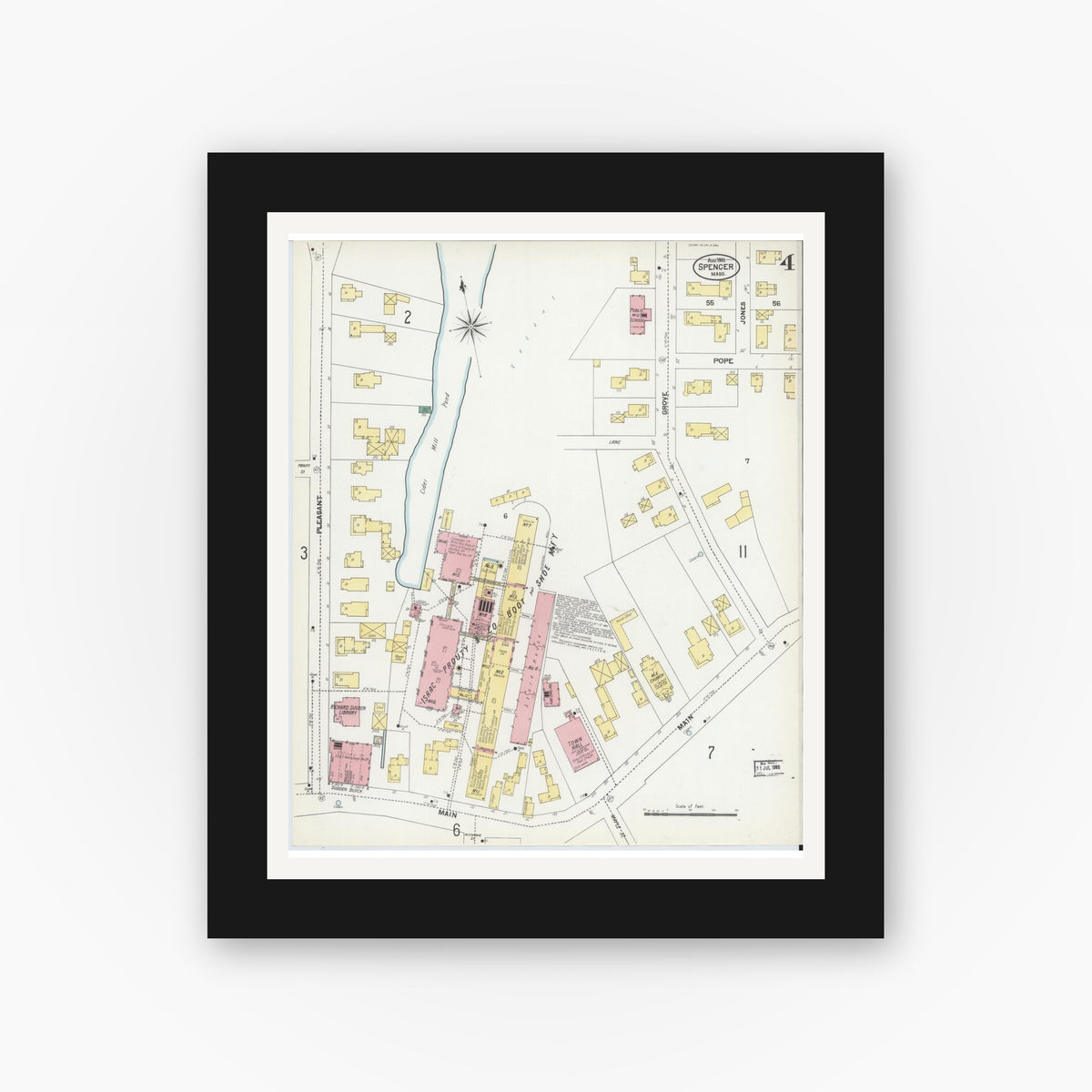 Old map wall art mockup — black gallery frame with white mat — Sanborn Fire Insurance Map from Spencer, Worcester County, Massachusetts (1901), Sheet #0004