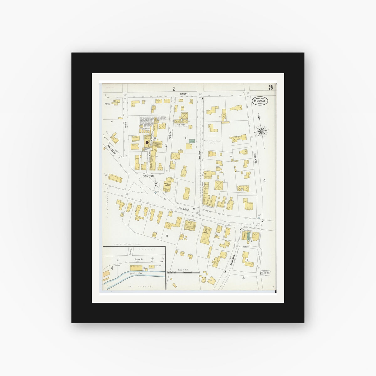 Old map wall art mockup — black gallery frame with white mat — Sanborn Fire Insurance Map from Medway, Norfolk County, Massachusetts (1903), Sheet #0003