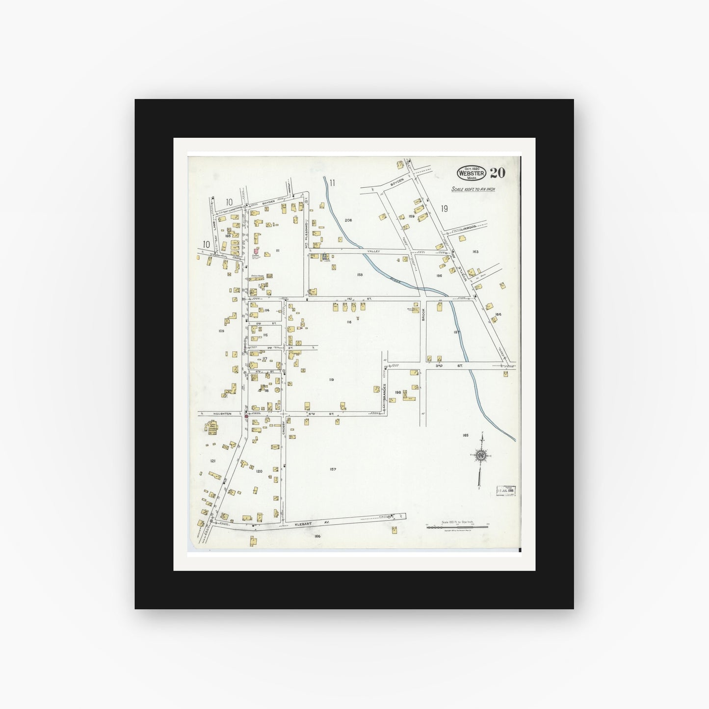Old map wall art mockup — black gallery frame with white mat — Sanborn Fire Insurance Map from Webster, Worcester County, Massachusetts (1920), Sheet #0020