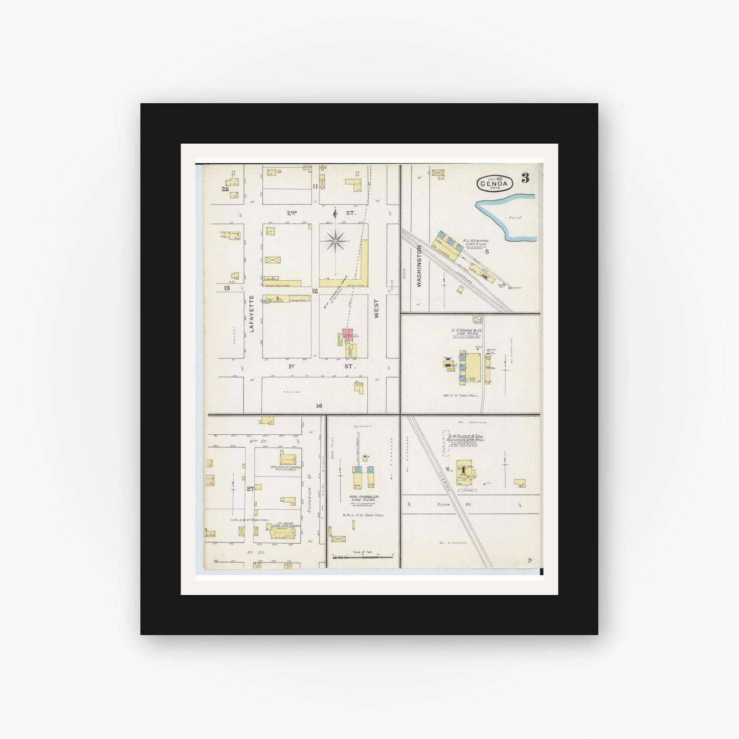 Old map wall art mockup — black gallery frame with white mat — Sanborn Fire Insurance Map from Genoa, Ottawa County, Ohio (1893), Sheet #0003