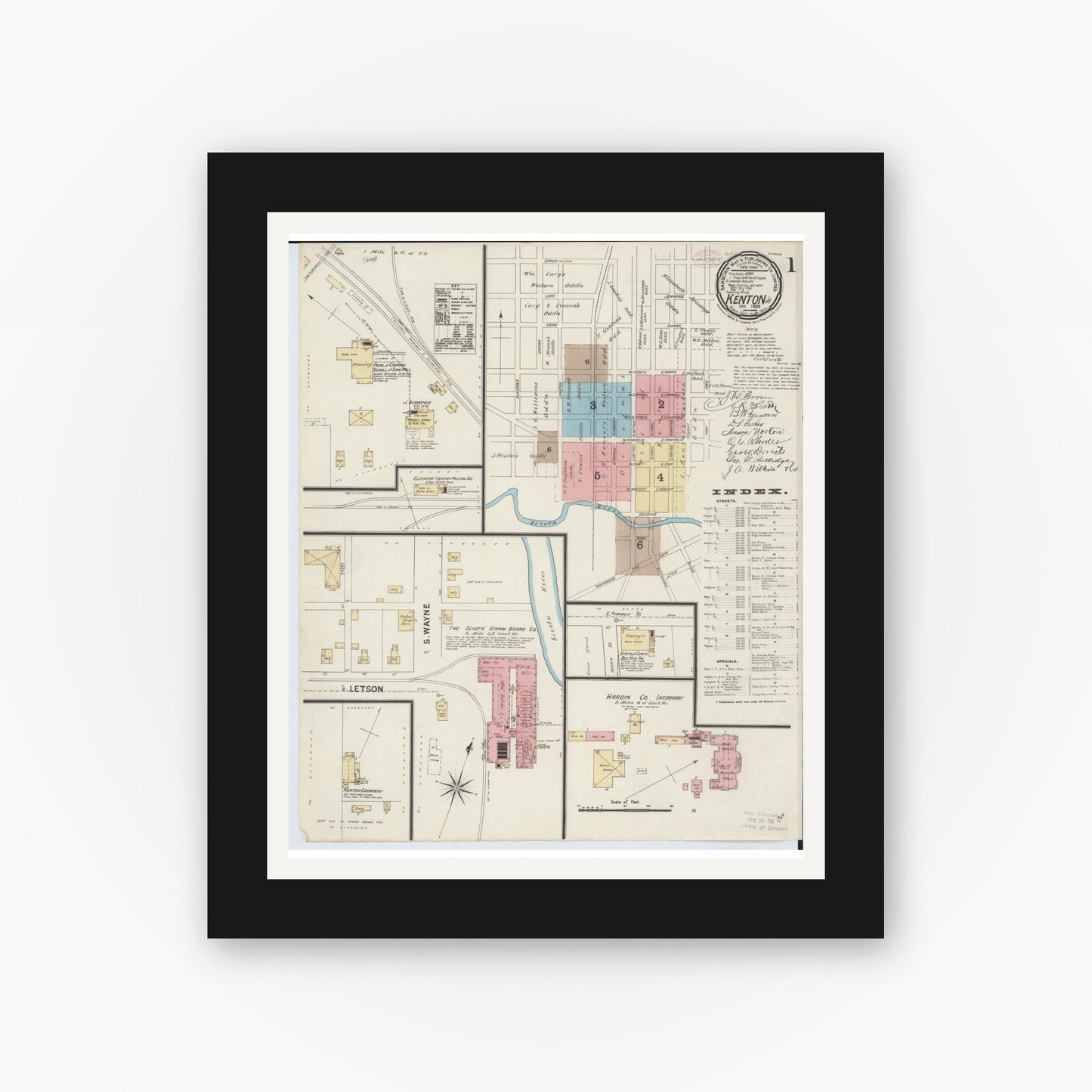 Old map wall art mockup — black gallery frame with white mat — Sanborn Fire Insurance Map from Kenton, Hardin County, Ohio (1888) - Complete Map Set