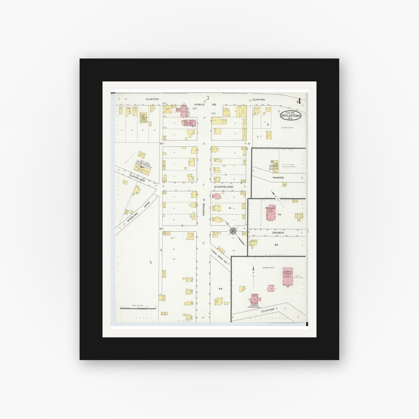 Old map wall art mockup — black gallery frame with white mat — Sanborn Fire Insurance Map from Doylestown, Wayne County, Ohio (1915), Sheet #0004