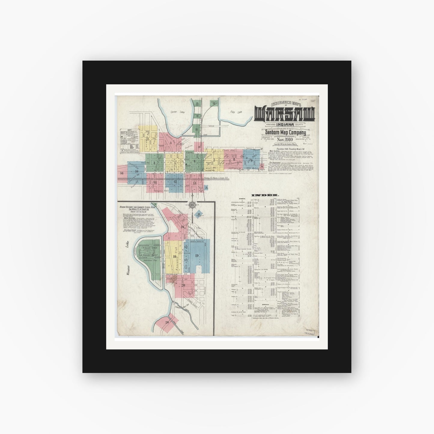 Old map wall art mockup — black gallery frame with white mat — Sanborn Fire Insurance Map from Warsaw, Kosciusko County, Indiana (1910) - Complete Map Set