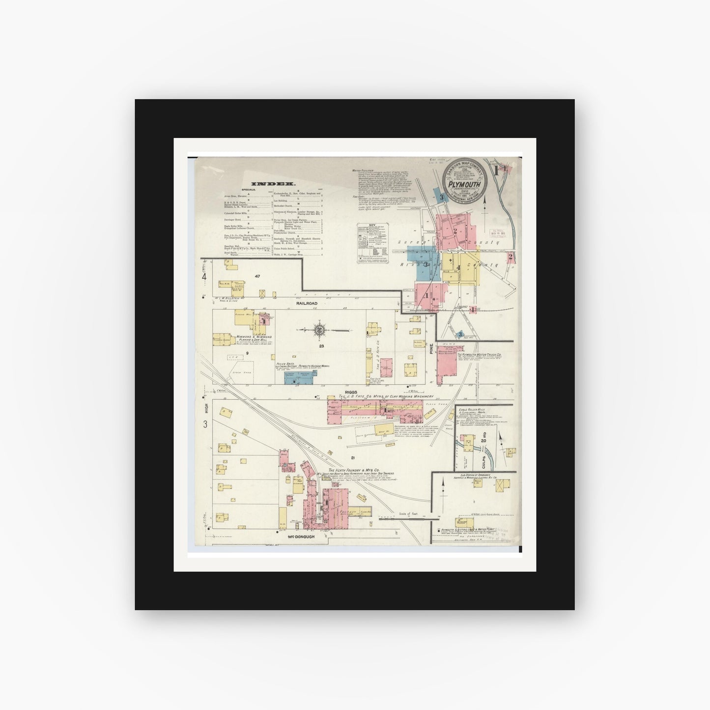 Old map wall art mockup — black gallery frame with white mat — Sanborn Fire Insurance Map from Plymouth, Huron And Richland Counties, Ohio (1911), Sheet #0001