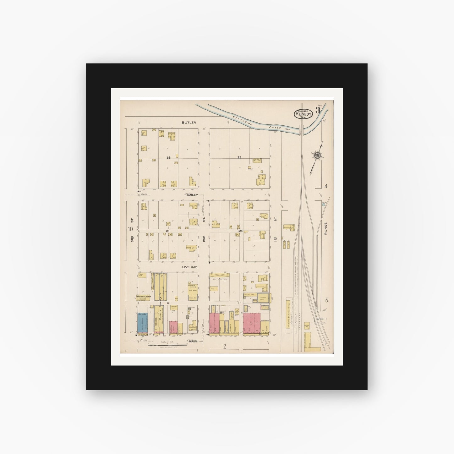 Old map wall art mockup — black gallery frame with white mat — Sanborn Fire Insurance Map from Kenedy, Karnes County, Texas (1922), Sheet #0003