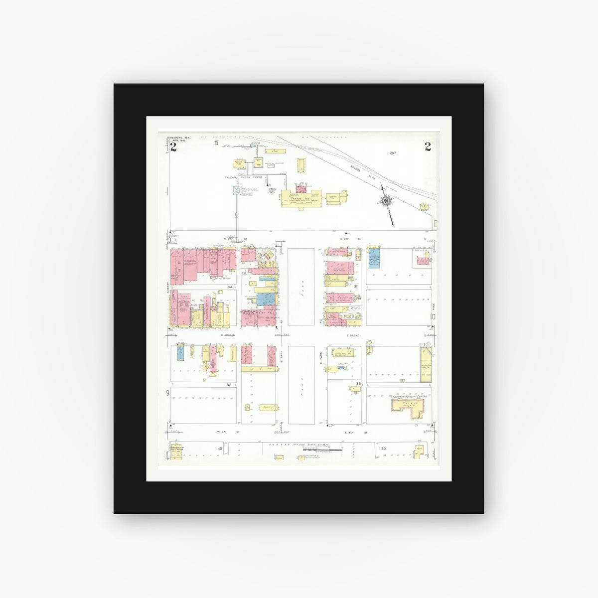 Old map wall art mockup — black gallery frame with white mat — Sanborn Fire Insurance Map from Freeport, Brazoria County, Texas (1943), Sheet #0002