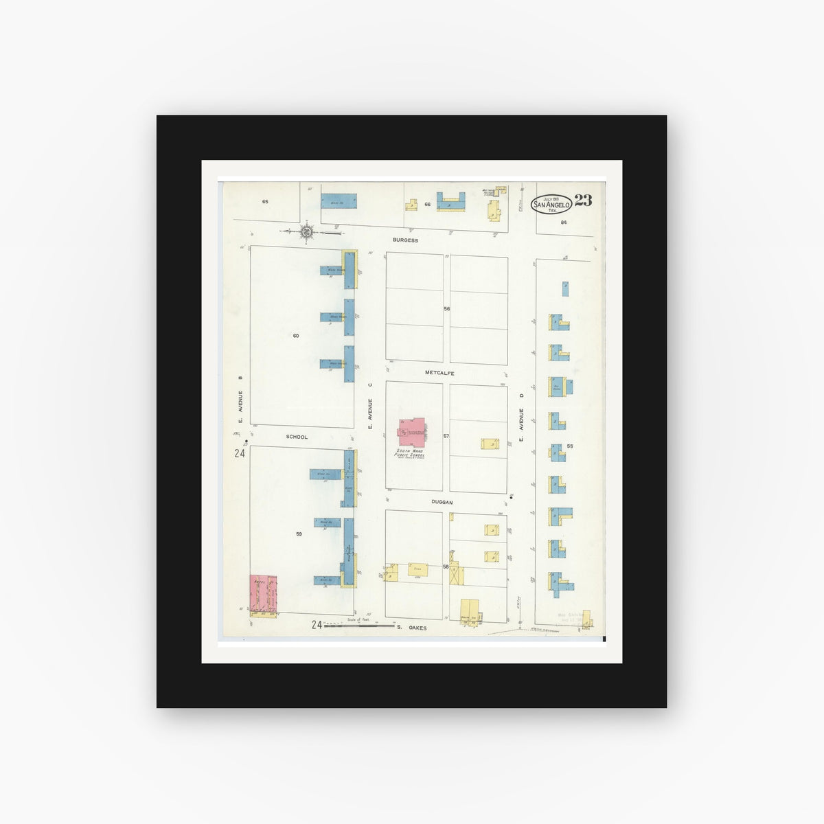 Old map wall art mockup — black gallery frame with white mat — Sanborn Fire Insurance Map from San Angelo, Tom Green County, Texas (1913), Sheet #0023