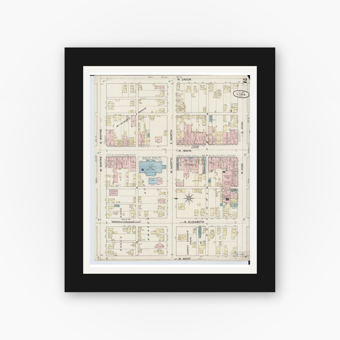 Old map wall art mockup — black gallery frame with white mat — Sanborn Fire Insurance Map from Lima, Allen County, Ohio (1887), Sheet #0002