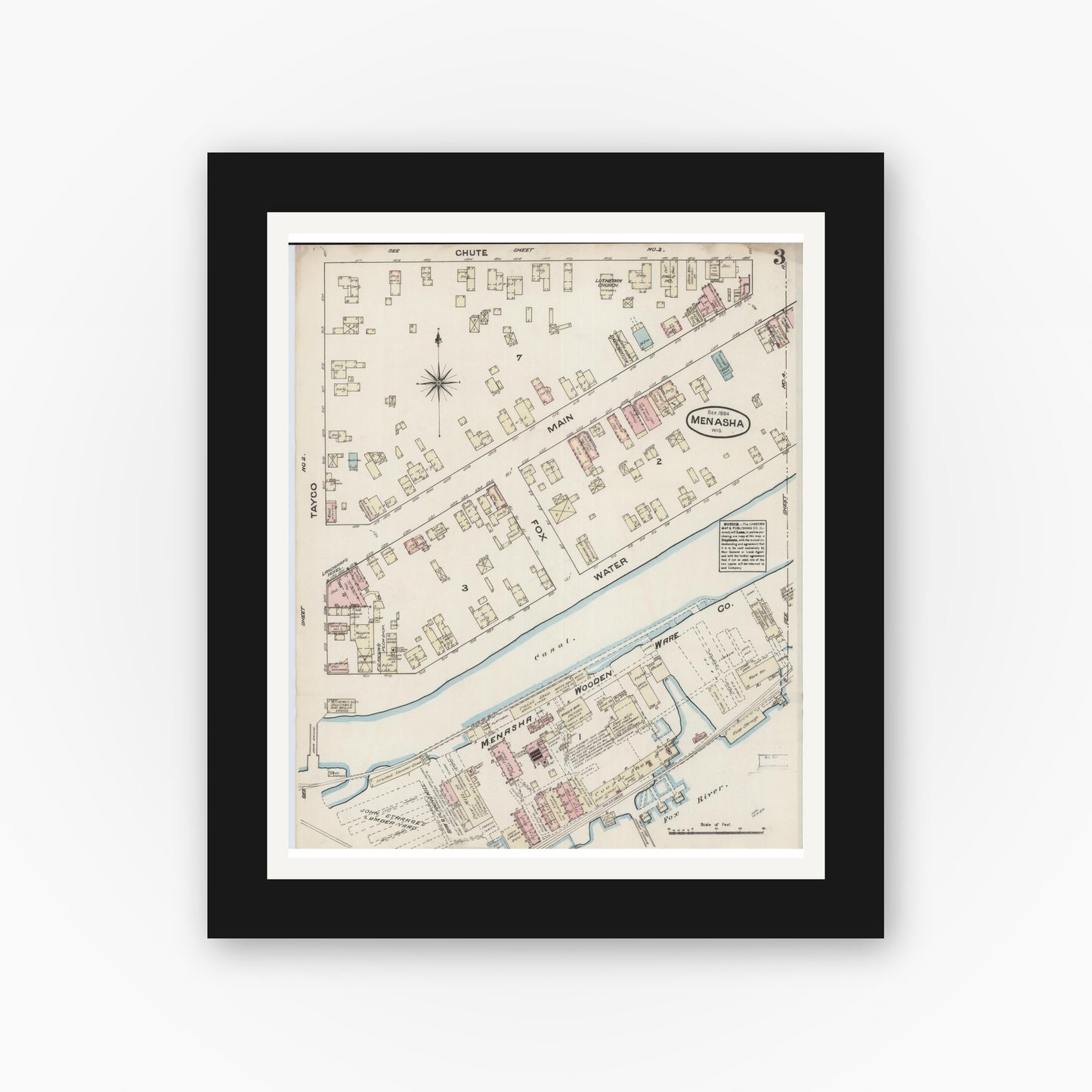 Old map wall art mockup — black gallery frame with white mat — Sanborn Fire Insurance Map from Menasha, Winnebago County, Wisconsin (1884), Sheet #0003