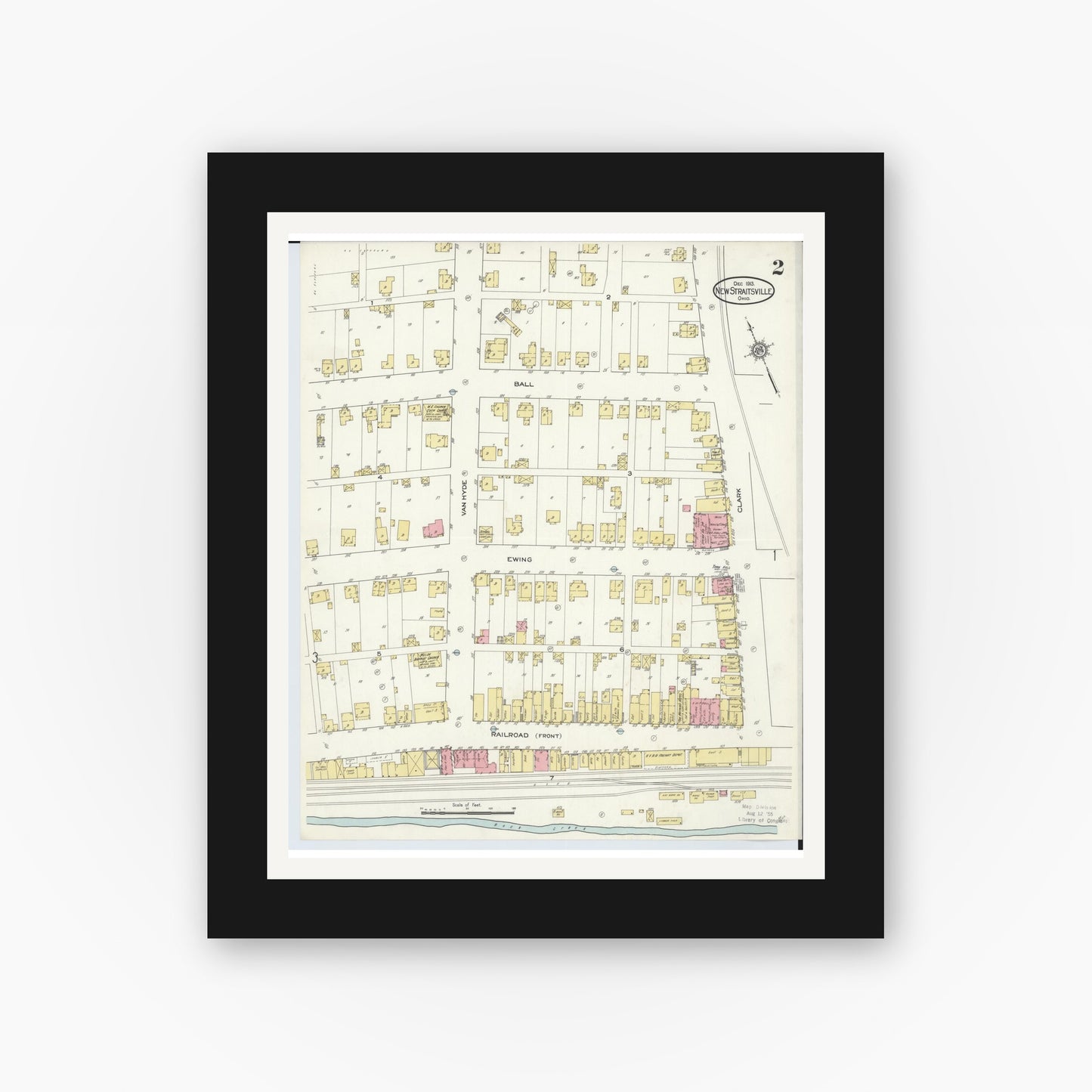 Old map wall art mockup — black gallery frame with white mat — Sanborn Fire Insurance Map from New Straitsville, Perry County, Ohio (1913), Sheet #0002