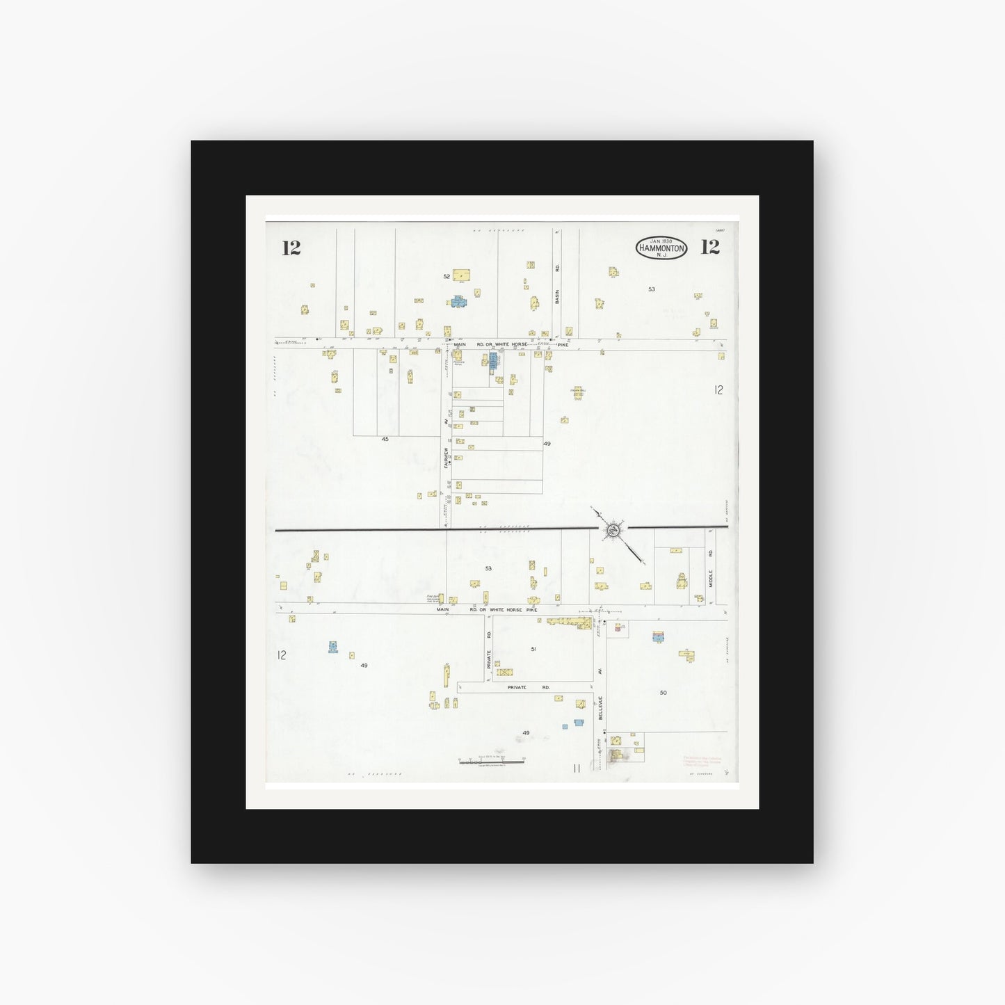 Old map wall art mockup — black gallery frame with white mat — Sanborn Fire Insurance Map from Hammonton, Atlantic County, New Jersey (1930), Sheet #0012