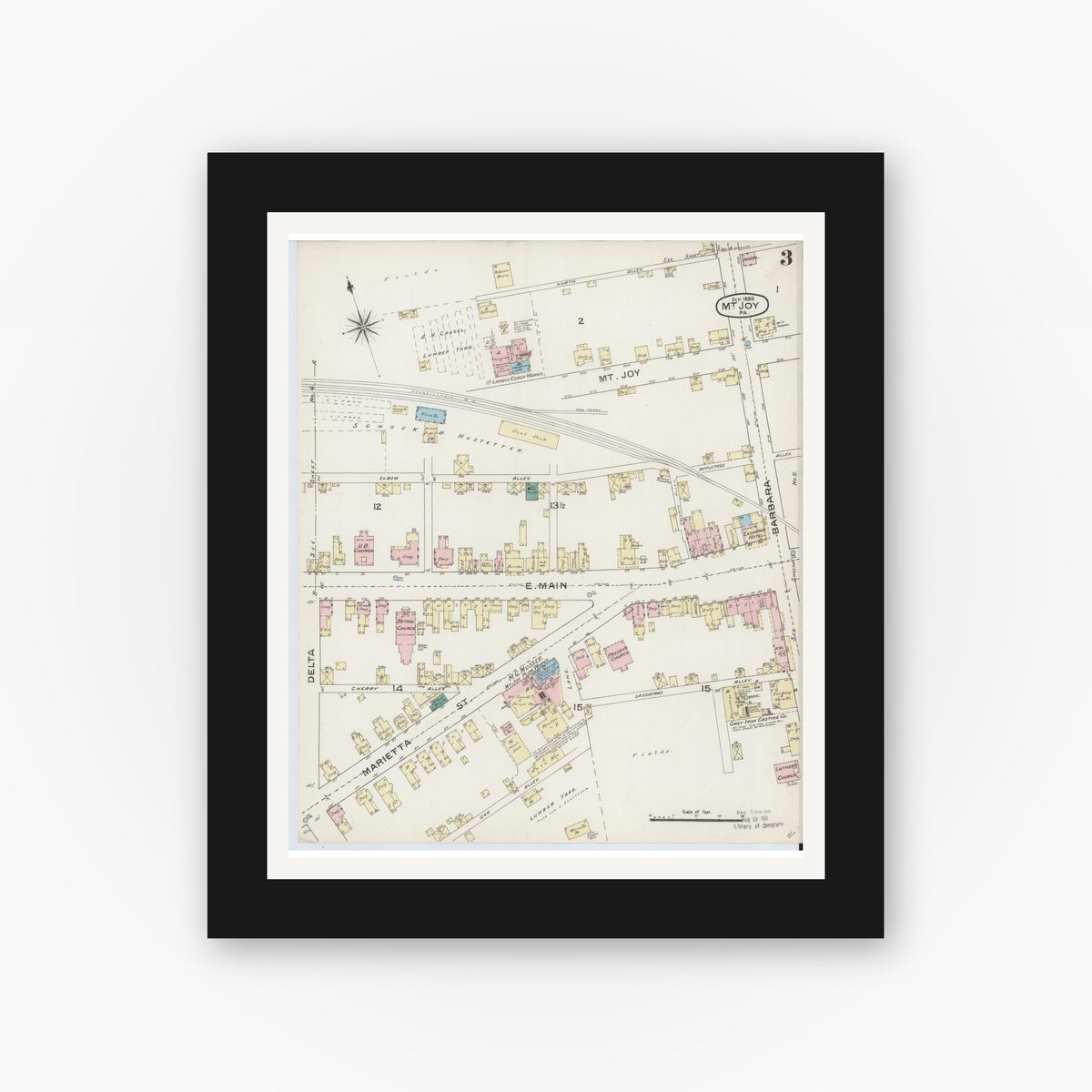 Old map wall art mockup — black gallery frame with white mat — Sanborn Fire Insurance Map from Mount Joy, Lancaster County, Pennsylvania (1886), Sheet #0003