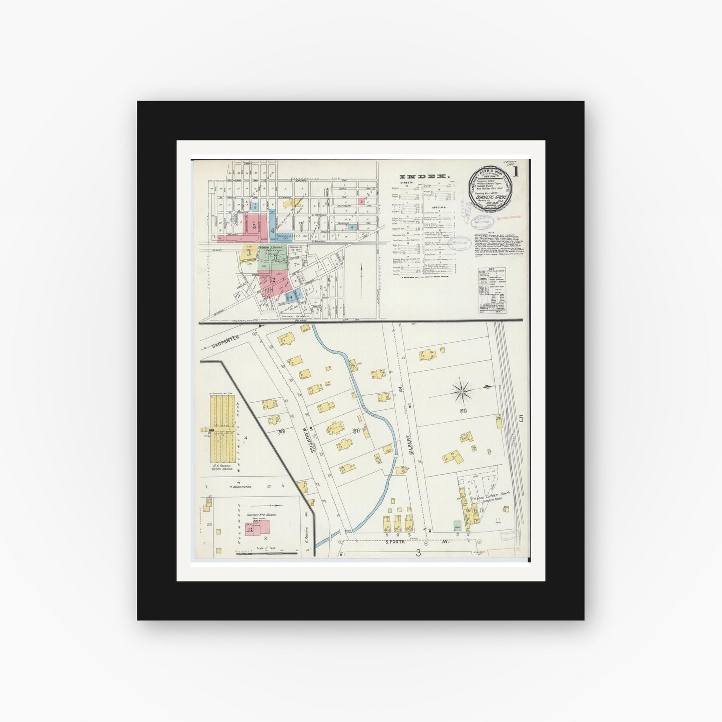 Old map wall art mockup — black gallery frame with white mat — Sanborn Fire Insurance Map from Downers Grove, Dupage County, Illinois (1898) - Complete Map Set