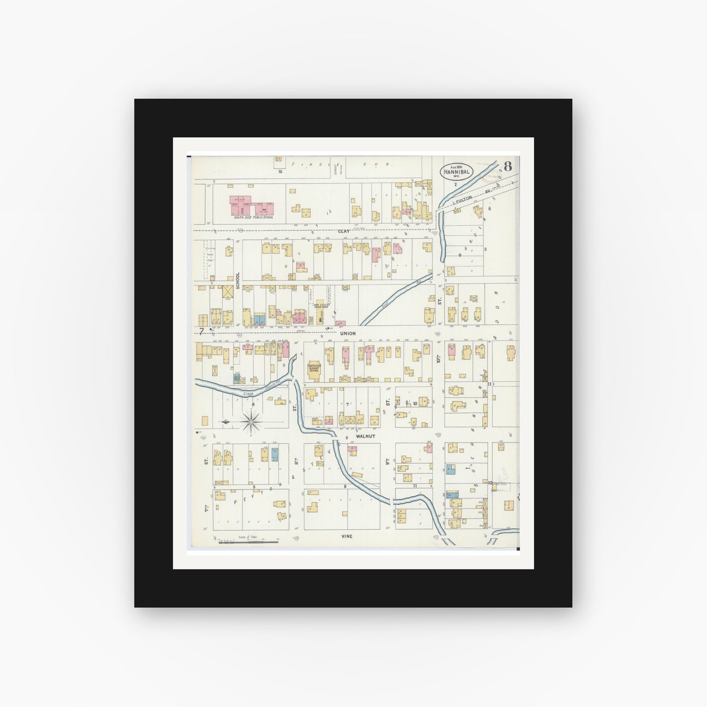 Old map wall art mockup — black gallery frame with white mat — Sanborn Fire Insurance Map from Hannibal, Marion County, Missouri (1899), Sheet #0008