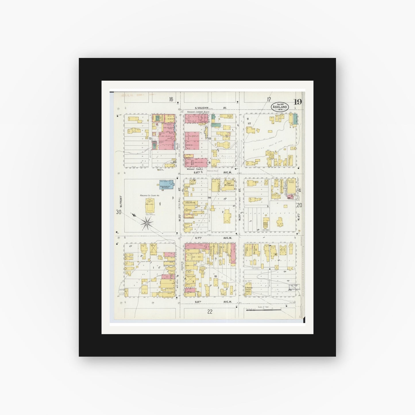Old map wall art mockup — black gallery frame with white mat — Sanborn Fire Insurance Map from Ashland, Ashland County, Wisconsin (1901), Sheet #0019