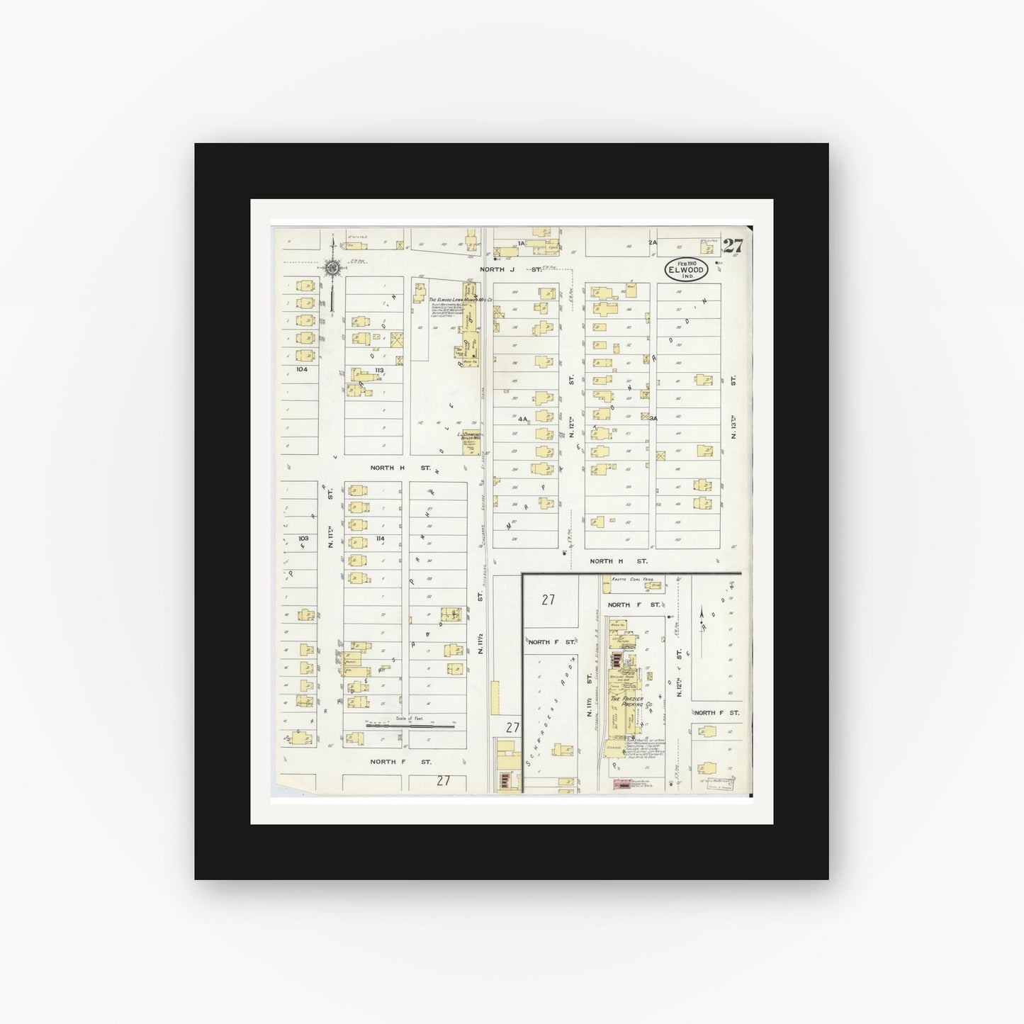Old map wall art mockup — black gallery frame with white mat — Sanborn Fire Insurance Map from Elwood, Madison County, Indiana (1910), Sheet #0027