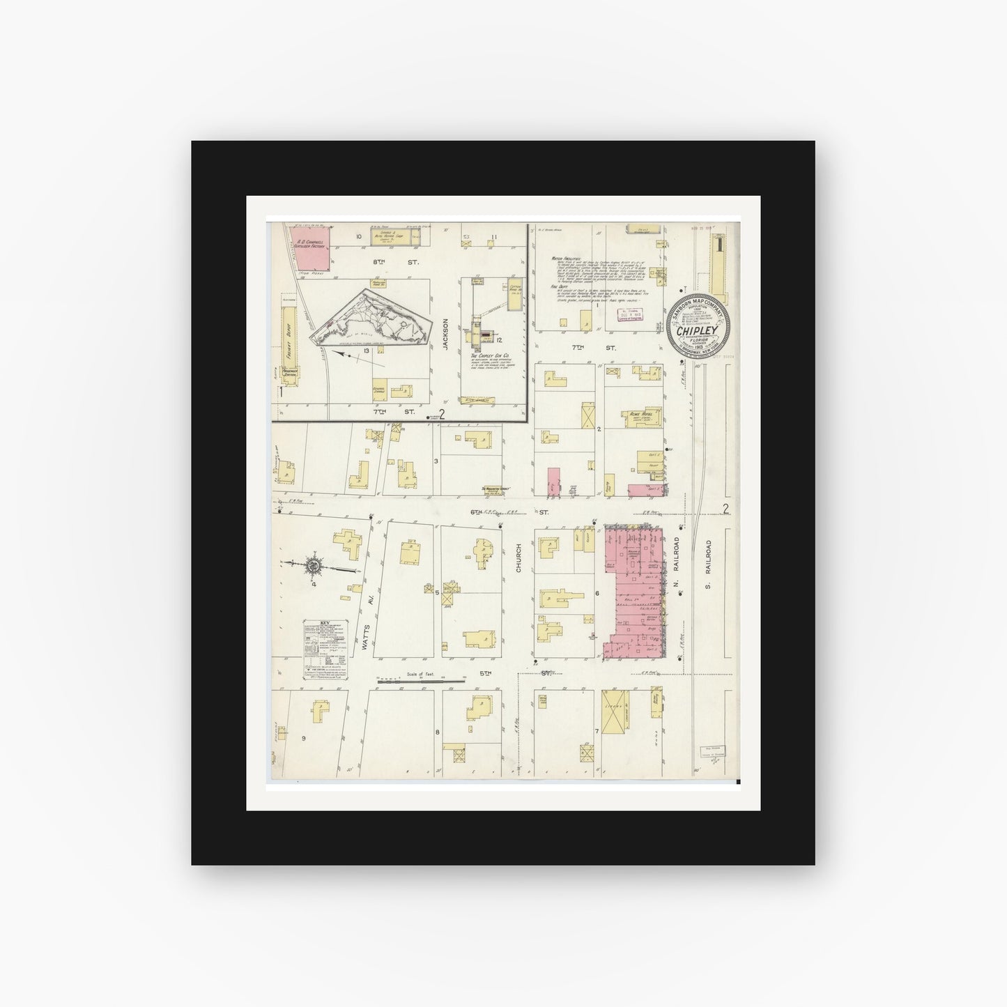 Old map wall art mockup — black gallery frame with white mat — Sanborn Fire Insurance Map from Chipley, Washington County, Florida (1913), Sheet #0001