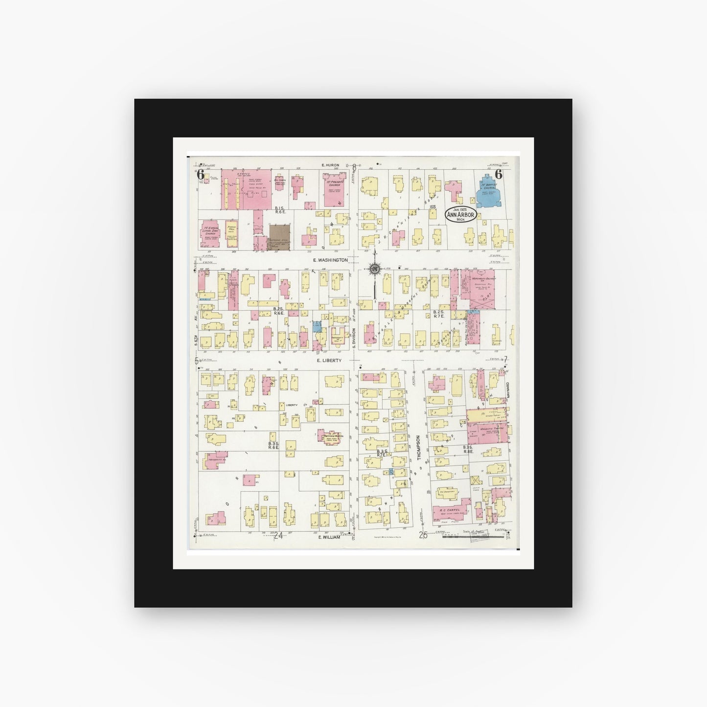 Old map wall art mockup — black gallery frame with white mat — Sanborn Fire Insurance Map from Ann Arbor, Washtenaw County, Michigan (1925), Sheet #0006