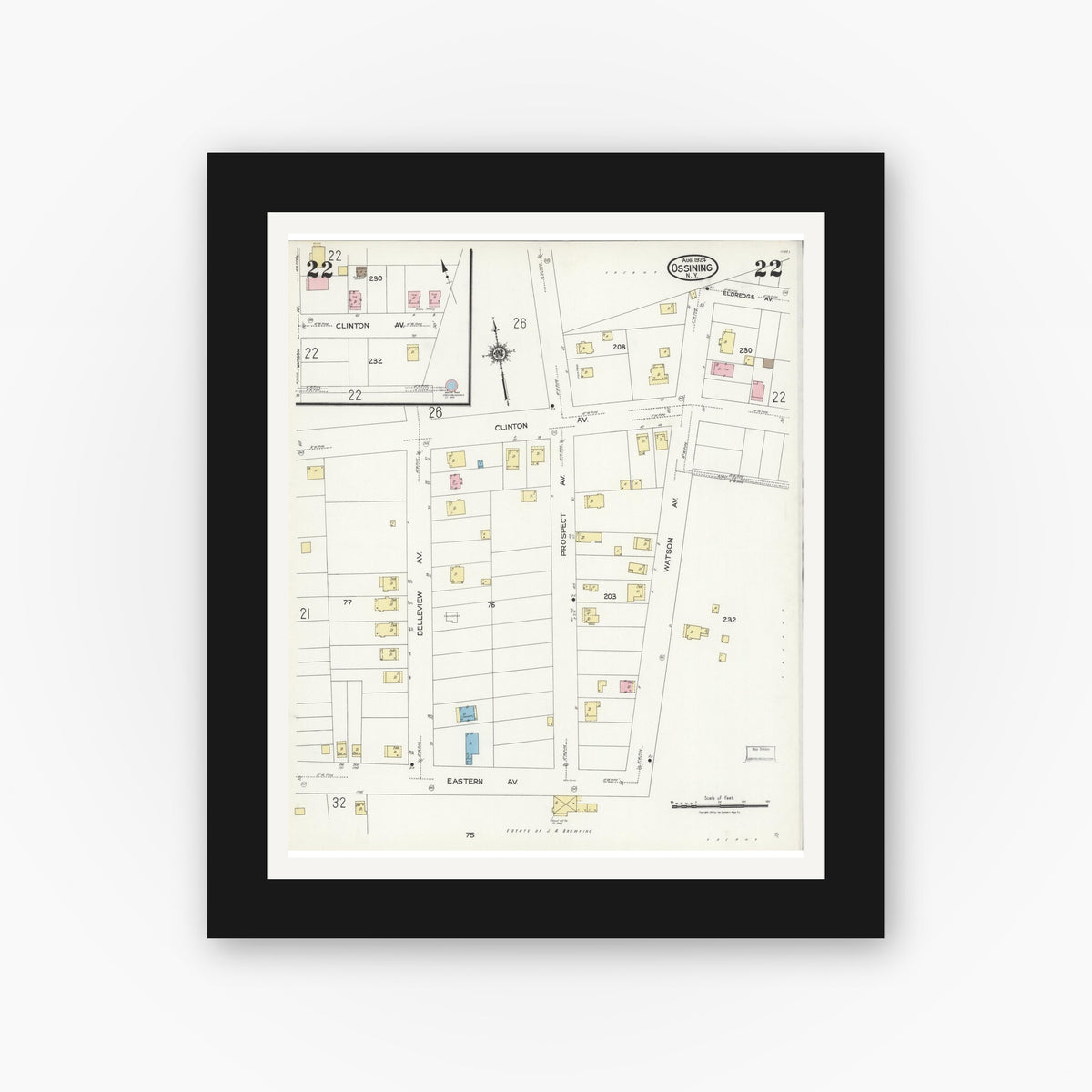 Old map wall art mockup — black gallery frame with white mat — Sanborn Fire Insurance Map from Ossining, Westchester County, New York (1924), Sheet #0022