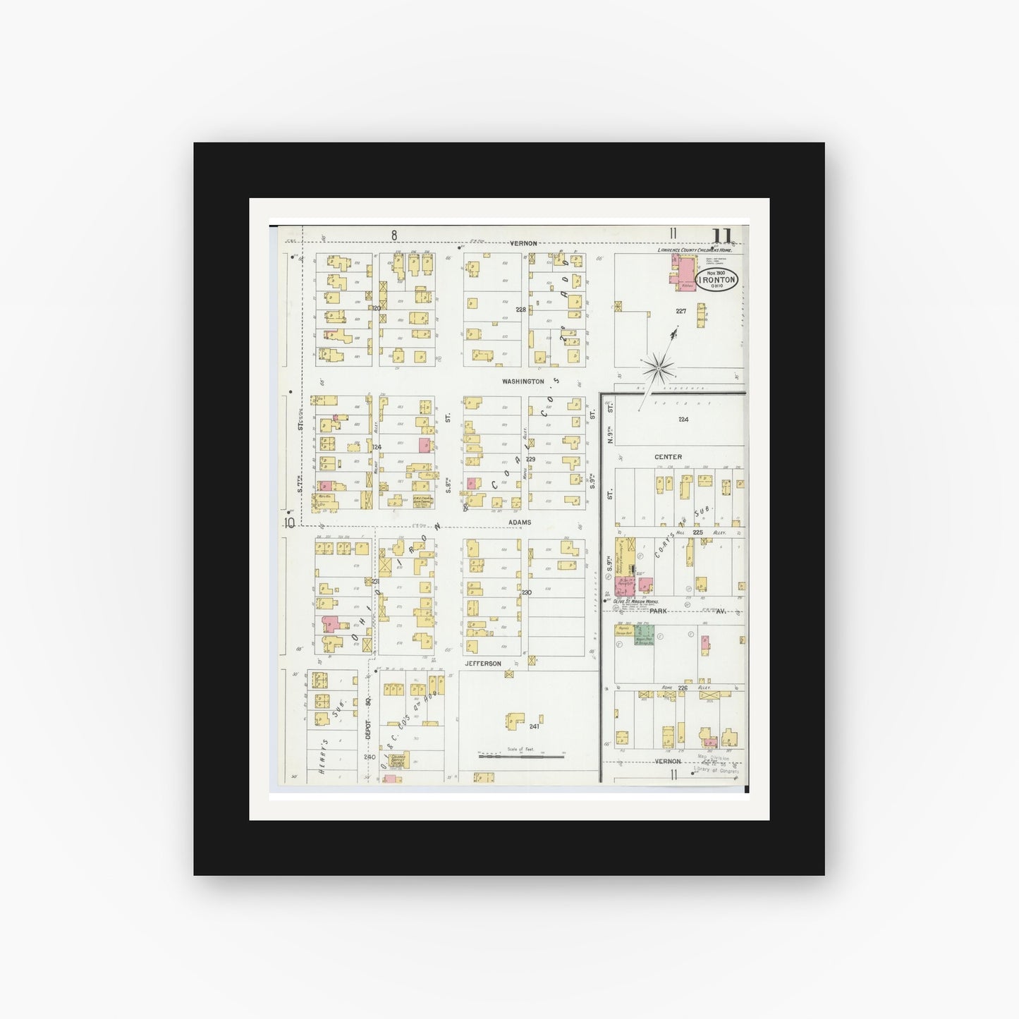 Old map wall art mockup — black gallery frame with white mat — Sanborn Fire Insurance Map from Ironton, Lawrence County, Ohio (1900), Sheet #0011