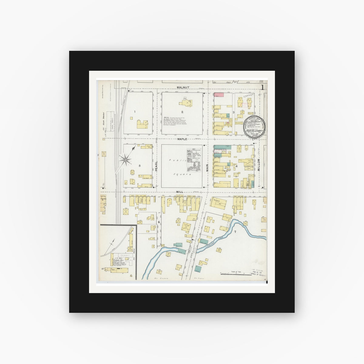 Old map wall art mockup — black gallery frame with white mat — Sanborn Fire Insurance Map from Port Allegany, McKean County, Pennsylvania (1892), Sheet #0001