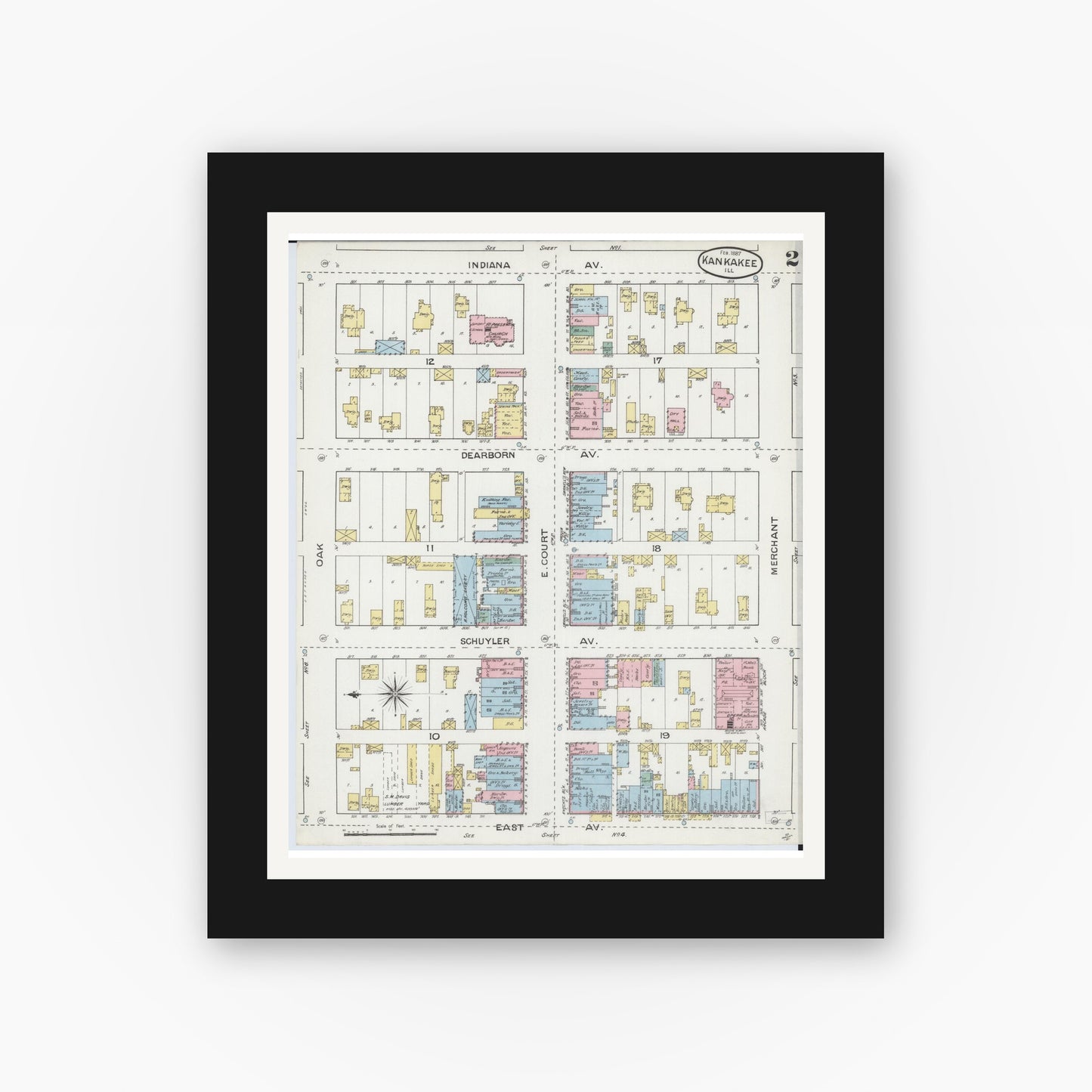 Old map wall art mockup — black gallery frame with white mat — Sanborn Fire Insurance Map from Kankakee, Kankakee County, Illinois (1887), Sheet #0002