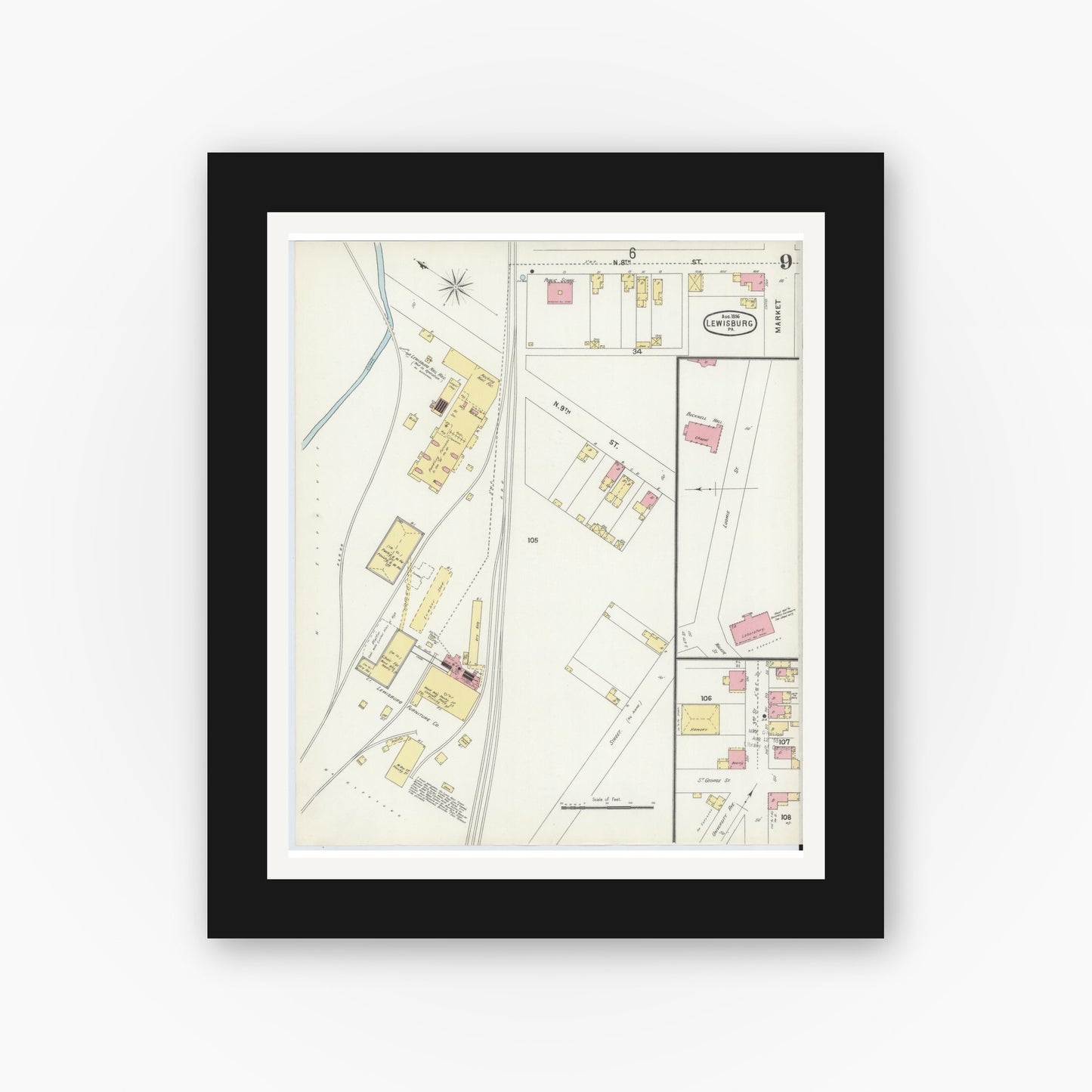 Old map wall art mockup — black gallery frame with white mat — Sanborn Fire Insurance Map from Lewisburg, Union County, Pennsylvania (1896), Sheet #0009