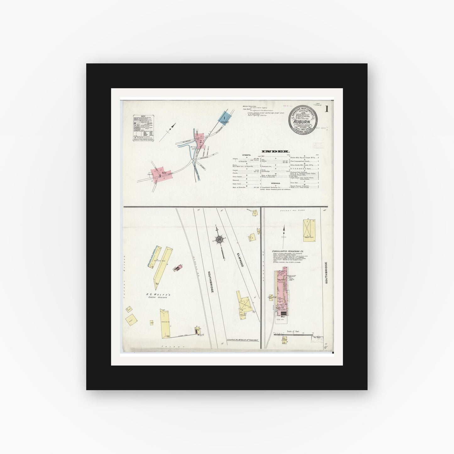 Old map wall art mockup — black gallery frame with white mat — Sanborn Fire Insurance Map from Auburn, Worcester County, Massachusetts (1910) - Complete Map Set