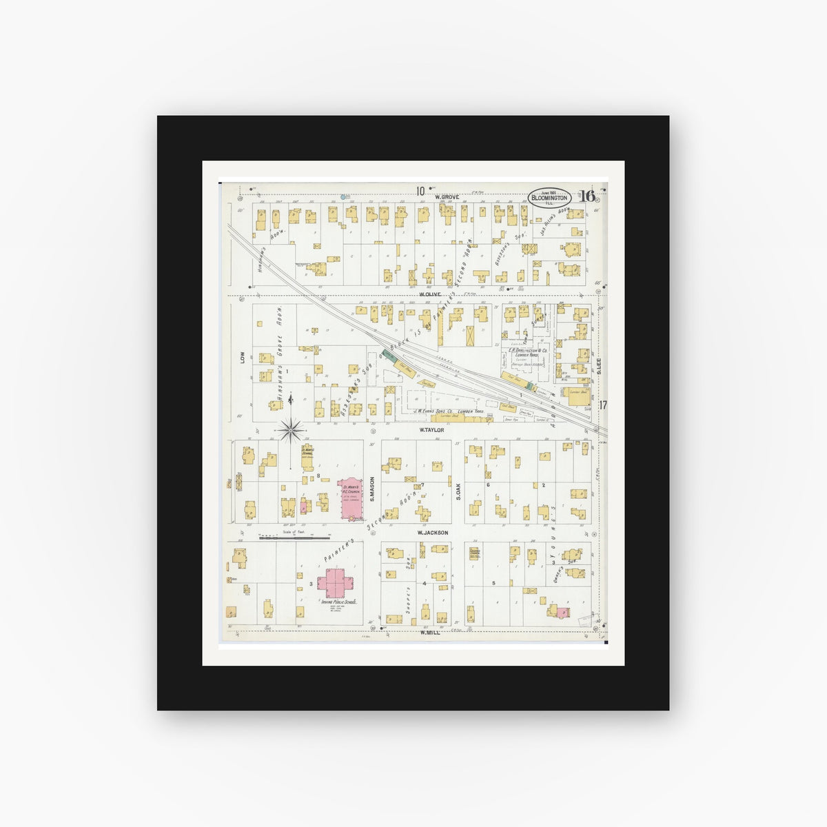 Old map wall art mockup — black gallery frame with white mat — Sanborn Fire Insurance Map from Bloomington, McLean County, Illinois (1901), Sheet #0016