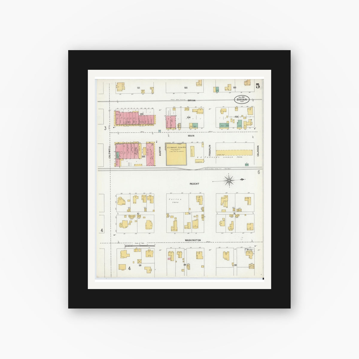 Old map wall art mockup — black gallery frame with white mat — Sanborn Fire Insurance Map from Bryan, Brazos County, Texas (1901), Sheet #0005