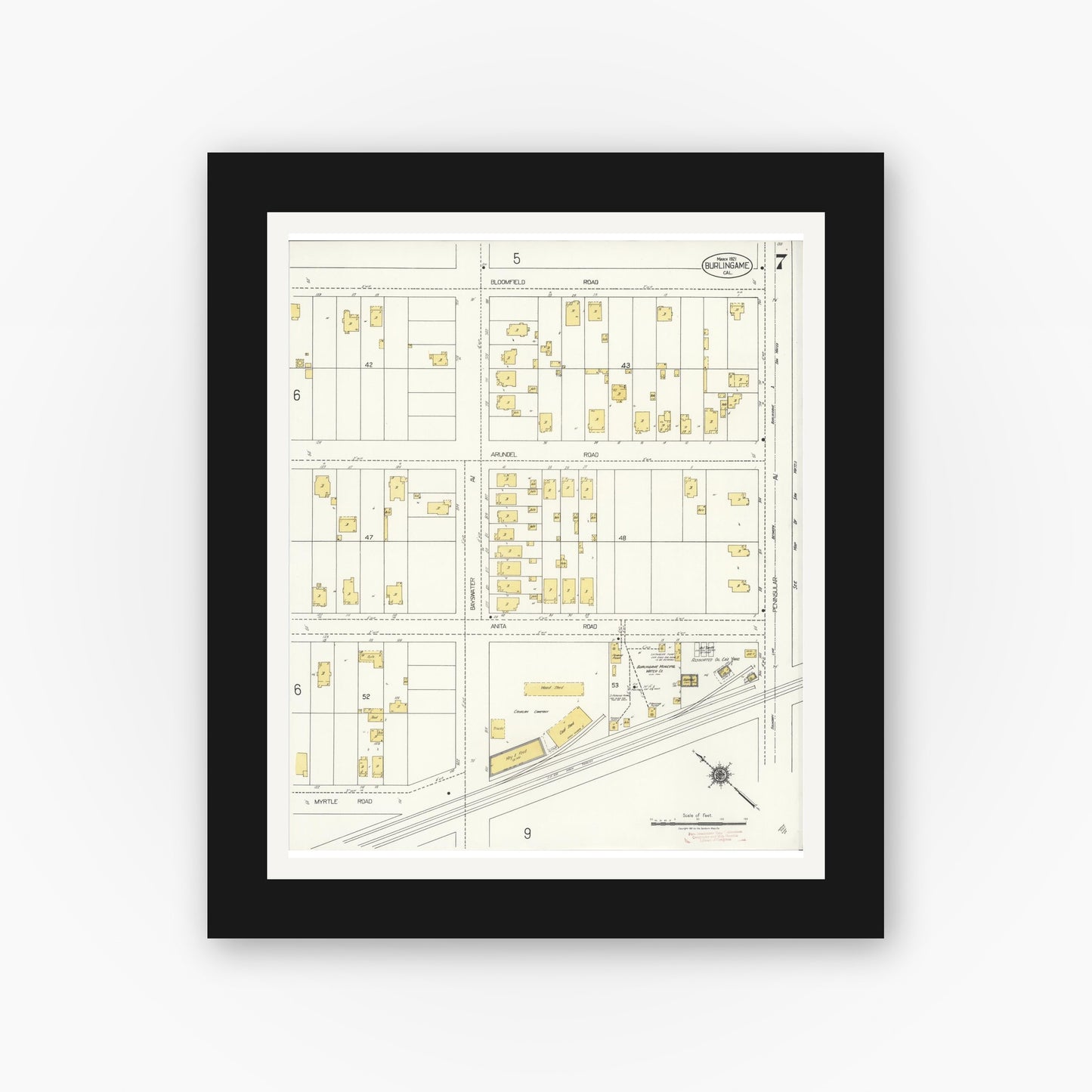 Old map wall art mockup — black gallery frame with white mat — Sanborn Fire Insurance Map from Burlingame, San Mateo County, California (1921), Sheet #0007