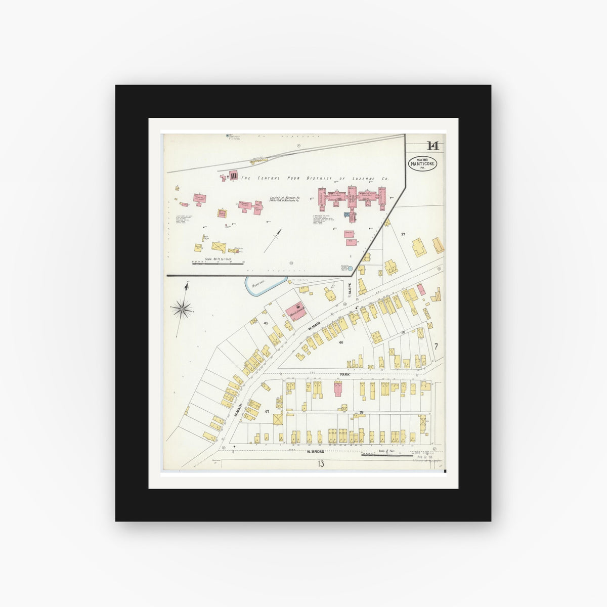 Old map wall art mockup — black gallery frame with white mat — Sanborn Fire Insurance Map from Nanticoke, Luzerne County, Pennsylvania (1903), Sheet #0014