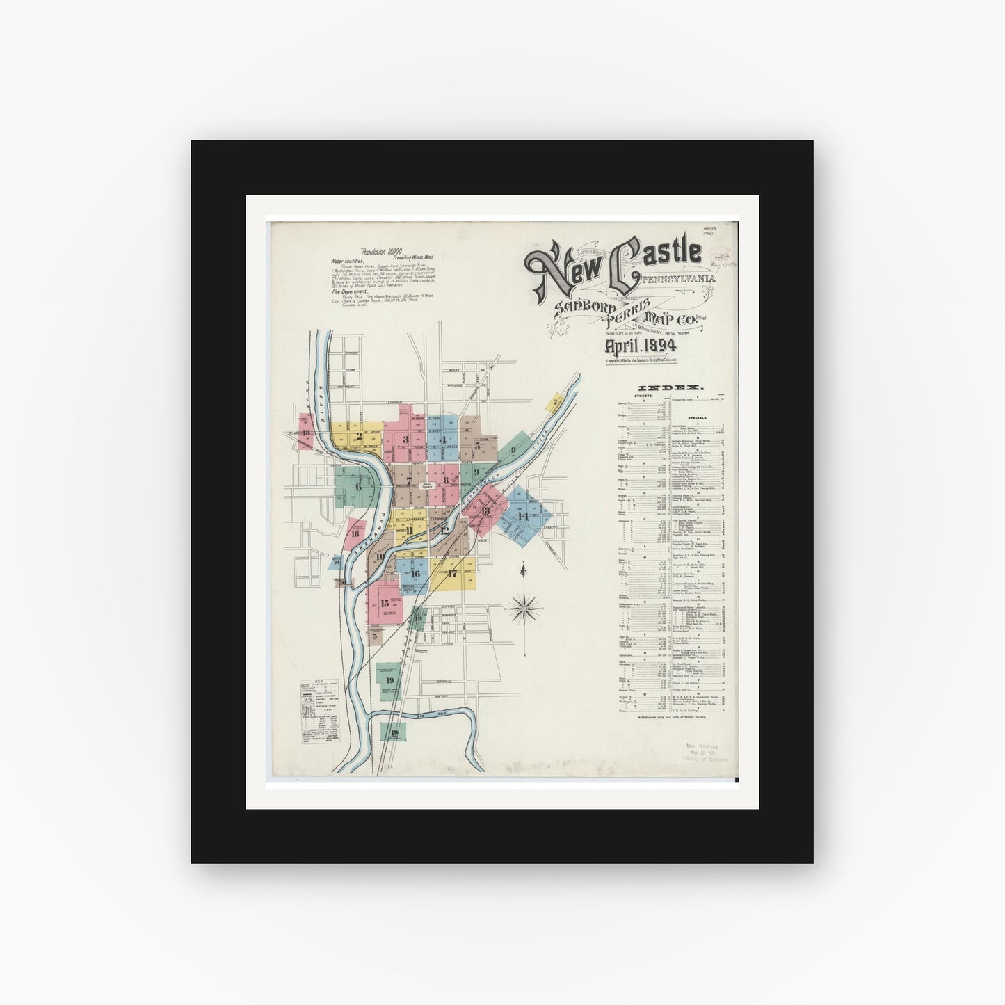 Old map wall art mockup — black gallery frame with white mat — Sanborn Fire Insurance Map from New Castle, Lawrence County, Pennsylvania (1894), Sheet #0001