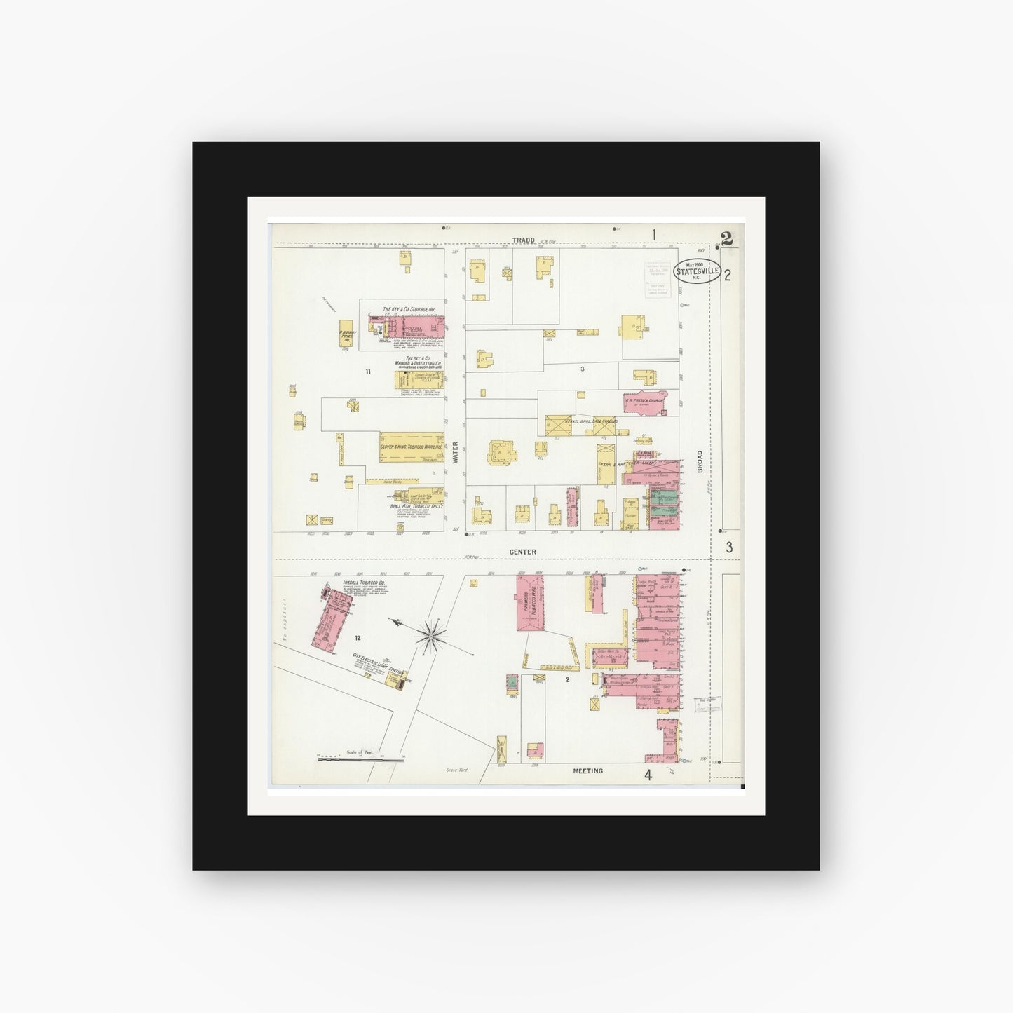 Old map wall art mockup — black gallery frame with white mat — Sanborn Fire Insurance Map from Statesville, Iredell County, North Carolina (1900), Sheet #0002