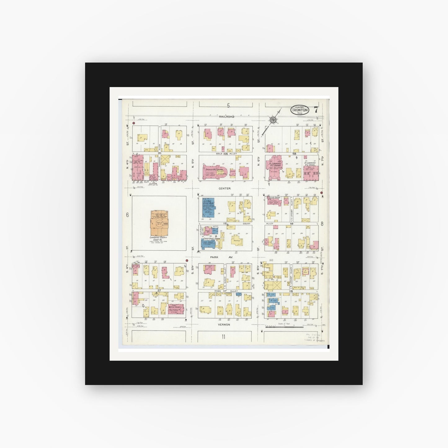 Old map wall art mockup — black gallery frame with white mat — Sanborn Fire Insurance Map from Ironton, Lawrence County, Ohio (1916), Sheet #0007