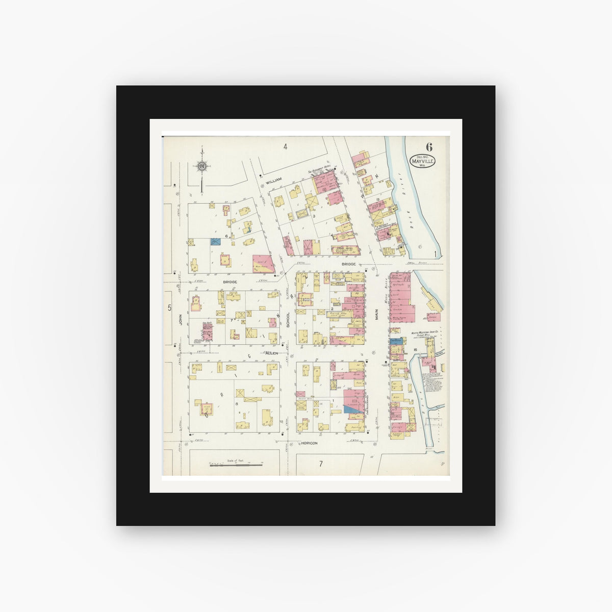 Old map wall art mockup — black gallery frame with white mat — Sanborn Fire Insurance Map from Mayville, Dodge County, Wisconsin (1912), Sheet #0006