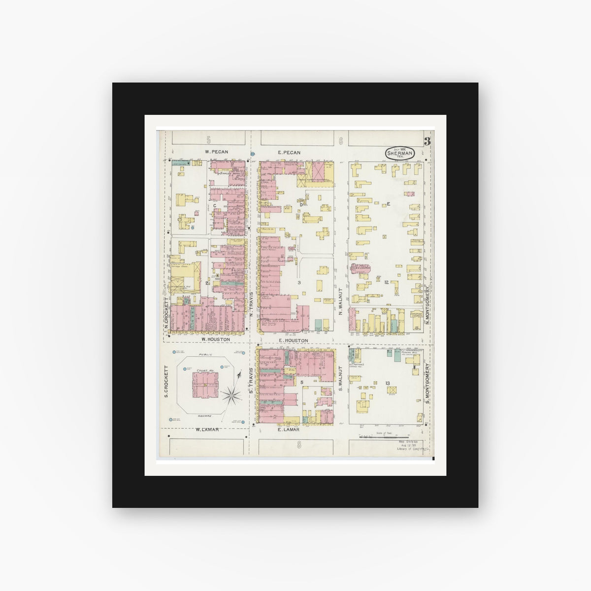 Old map wall art mockup — black gallery frame with white mat — Sanborn Fire Insurance Map from Sherman, Grayson County, Texas (1892), Sheet #0003